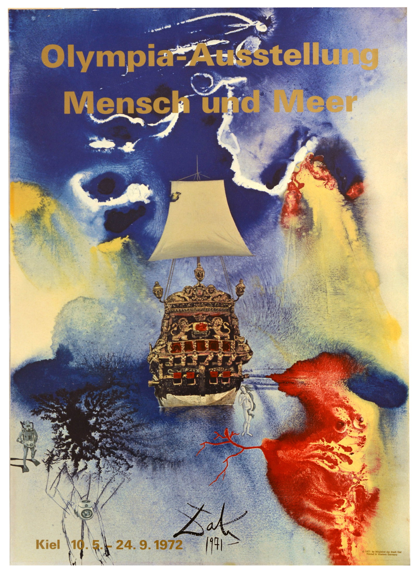 Sport Poster Mensch und Meer Olympia Ausstellung Kiel 1972 Salvador Dali: Original vintage advertising poster for the cultural Olympic exhibition Mensch und Meer / Man and the Sea - held in Kiel, Germany from 10 May to 24 September 1972 - Commissioned in 1971 for the cultur