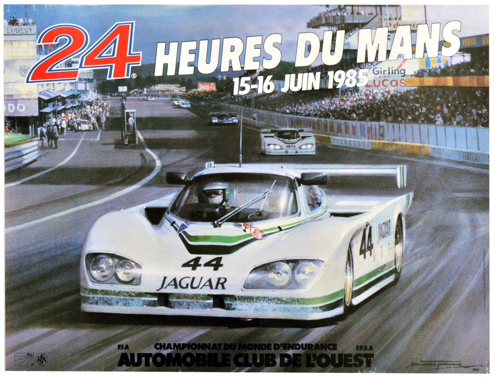 Sport Poster 24 Heures Du Mans Jaguar Michael Turner: Original vintage motorsport poster for 24 Heures du Mans / 24 Hours of Le Mans, which took place 15-16 June 1985, featuring a dynamic image designed by the renowned British motorsport artist Michael T