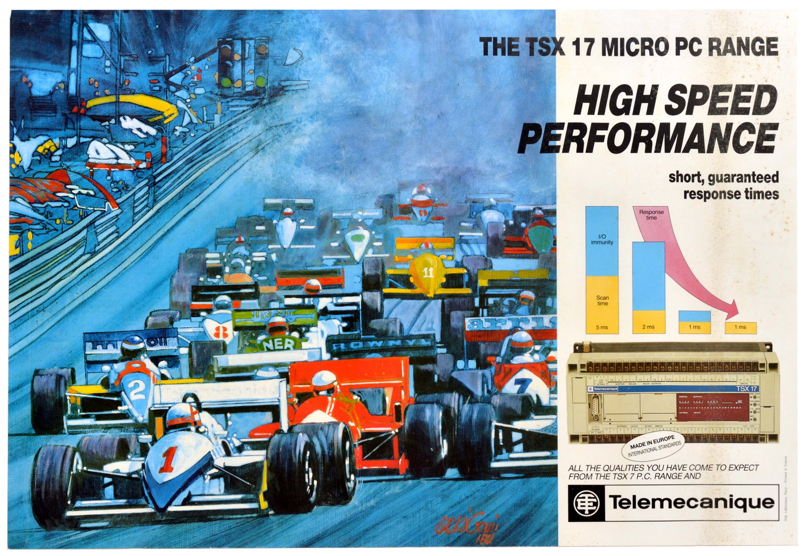 Sport Poster Formula 1 Early Computer Telemecanique TSX 17 Logic Controller: Original vintage motorsport technology advertising poster for Telemecanique The TSX 17 Micro PC Range, featuring a dynamic, action-packed illustration of a packed grid of Formula 1 racing cars tearing