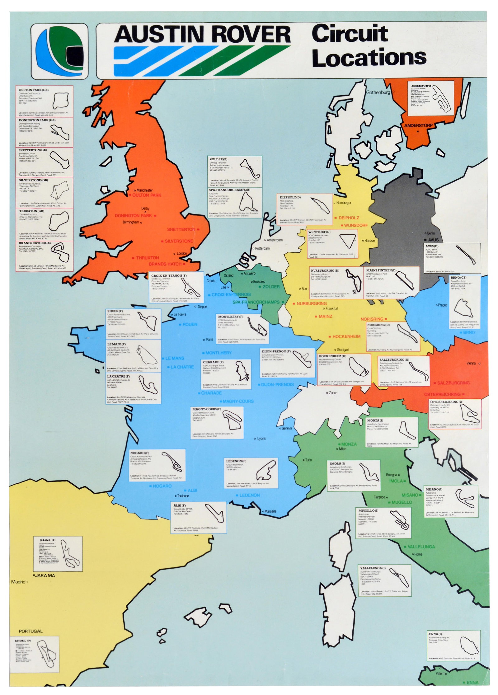 Sport Poster Austin Rover UK Europe F1 Racing Circuit Le Mans Silverstone: Original vintage motorsport map poster titled Austin Rover Circuit Locations, featuring a stylised, colour-coded map of Western Europe, mapping out the major racing tracks for Formula One and other ra