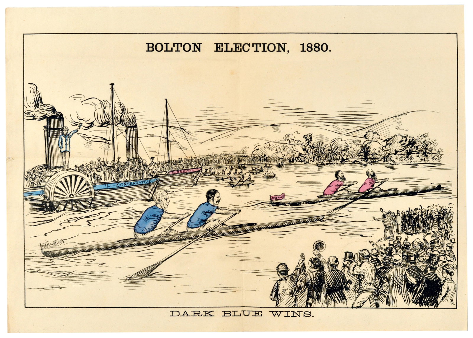Propaganda Poster Rowing Bolton Election Boat Race British Politics Manchester: Original antique political poster published for the 1880 General Election in the constituency of Bolton. The illustration depicts the election as a rowing race on a river, with the Conservative candid