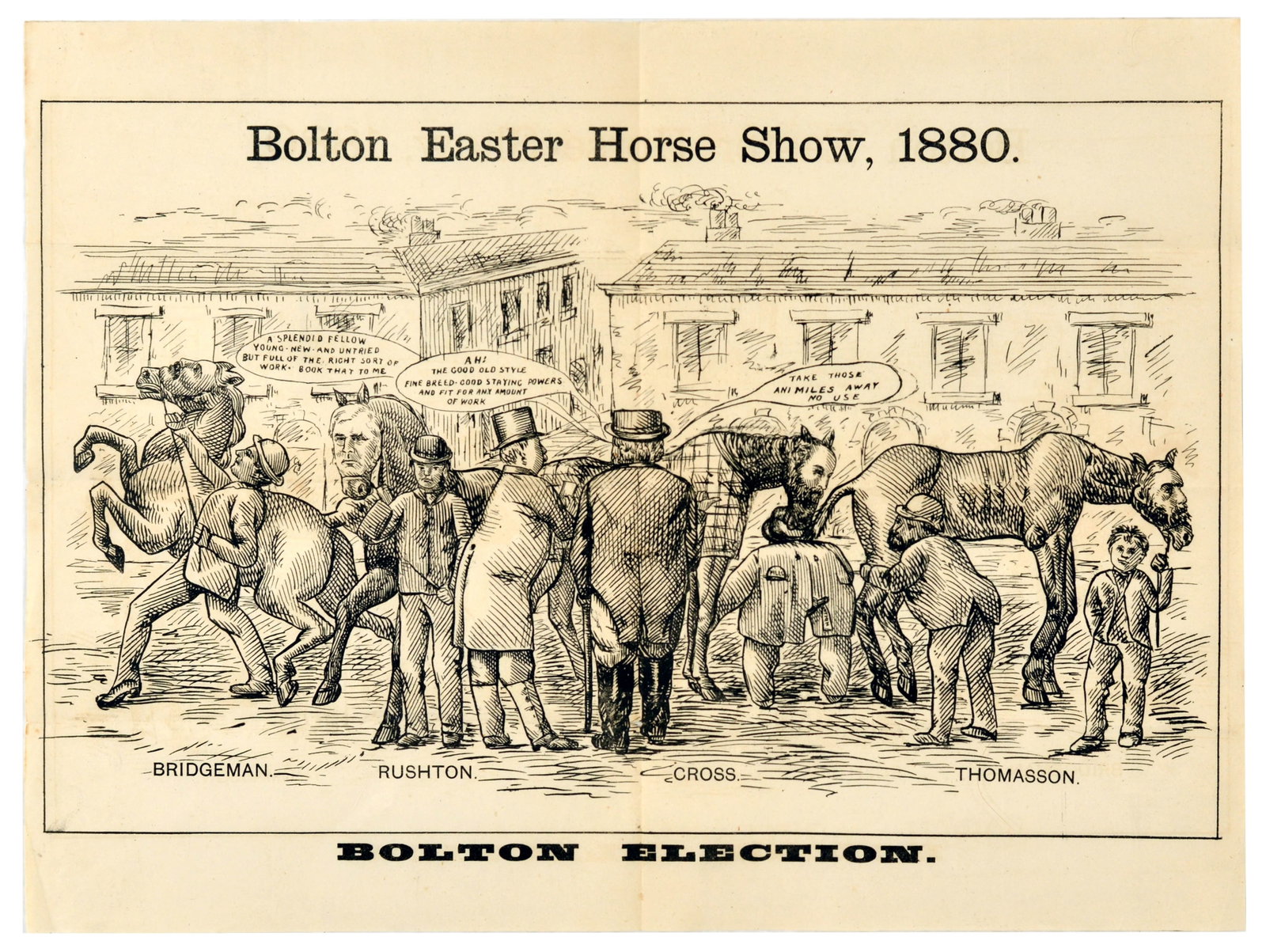 Election Poster Set Bolton Horse Show British Politics Manchester: Set of original antique political poster and ephemera published for the 1880 General Election in the constituency of Bolton. 1. Using the metaphor of a local livestock competition, the poster titled -