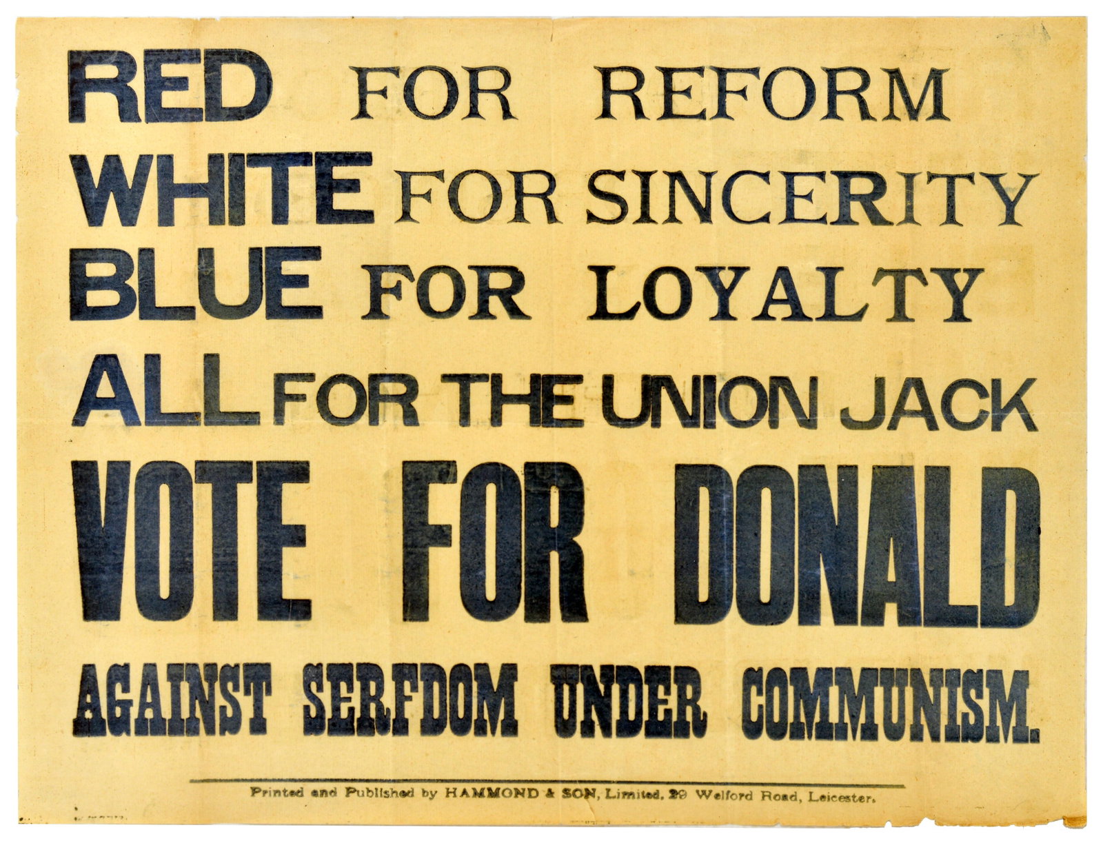 Propaganda Poster British Election Labour PM James MacDonald Union Jack Communism: Original vintage election poster printed circa 1924 by Hammond & Son, Ltd. in Leicester, and "Donald" refers to James Ramsay MacDonald, the first-ever Labour Prime Minister of the United Kingdom. The 