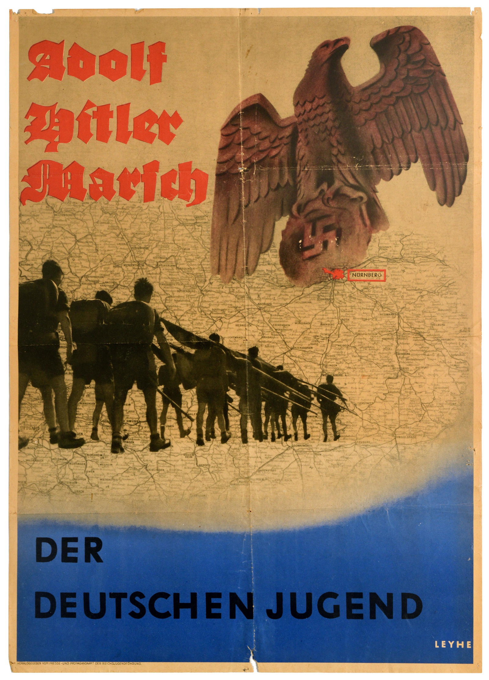 Propaganda Poster Adolf Hitler March of German Youth Nazi NSDAP: Original vintage Nazi propaganda poster - Adolf Hitler Marsch der Deutschen Jugend / Adolf Hitler March of German Youth, featuring a silhouette of Hitler Youth members with backpacks hiking across a d