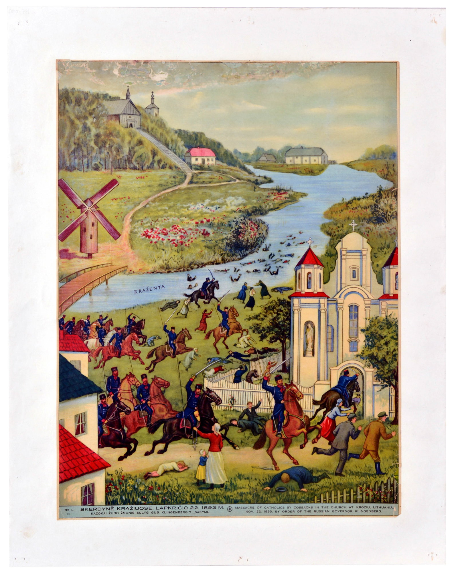 Propaganda Poster Lithuania Catholic Massacre Russian Cossacks Kroziu: Original vintage propaganda poster - Massacre of Catholics by Cossacks in the Church at Kroziu, Lithuania. Nov. 22, 1893. By order of the Russian Governor Klingenberg. - depicting a Lithuanian village