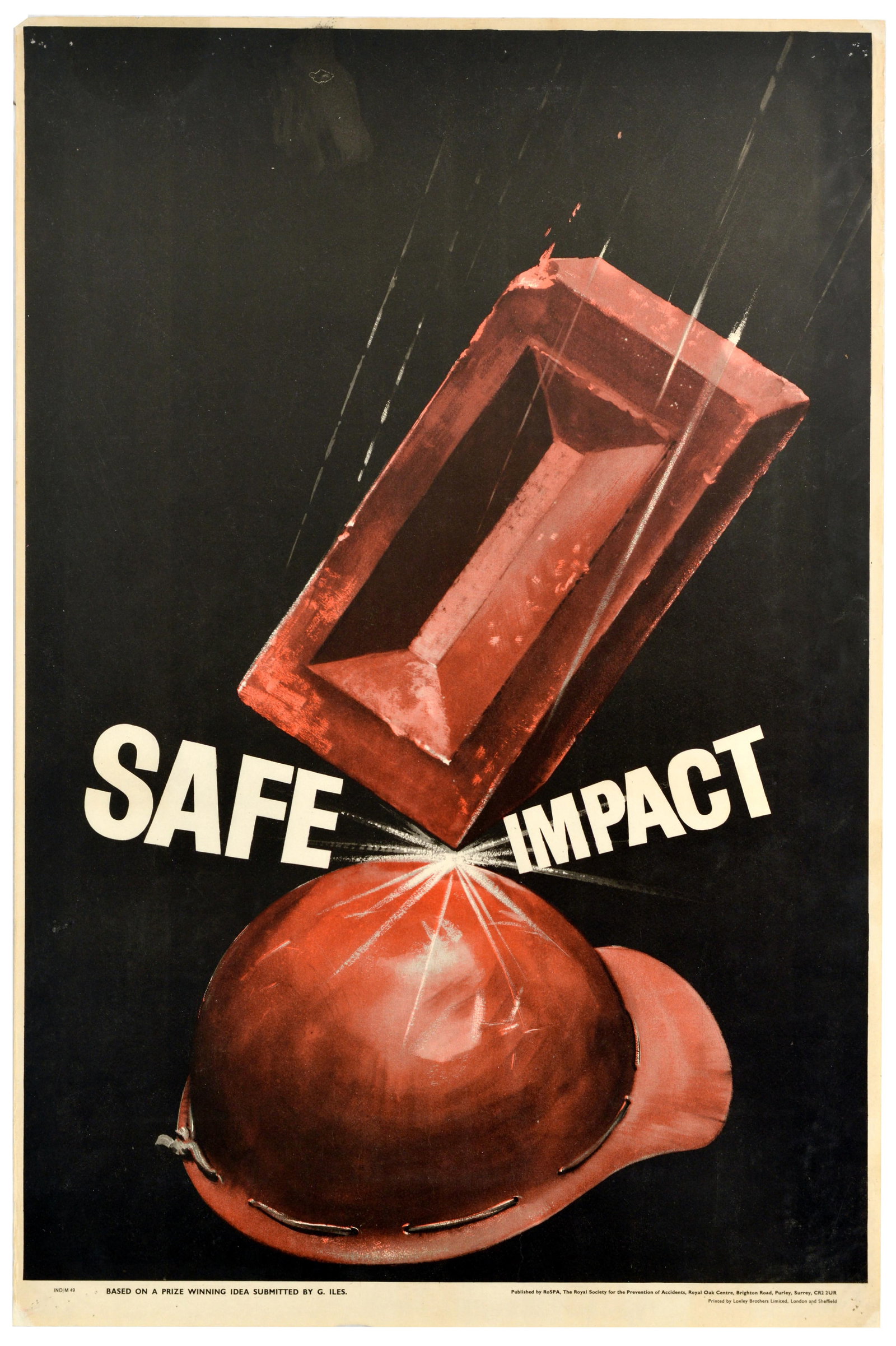 Propaganda Poster Brick Hard Hat Construction Work Safety ROSPA: Original vintage industrial safety poster published by RoSPA, The Royal Society for the Prevention of Accidents to promote workplace protection. The dramatic, high-contrast composition features a larg