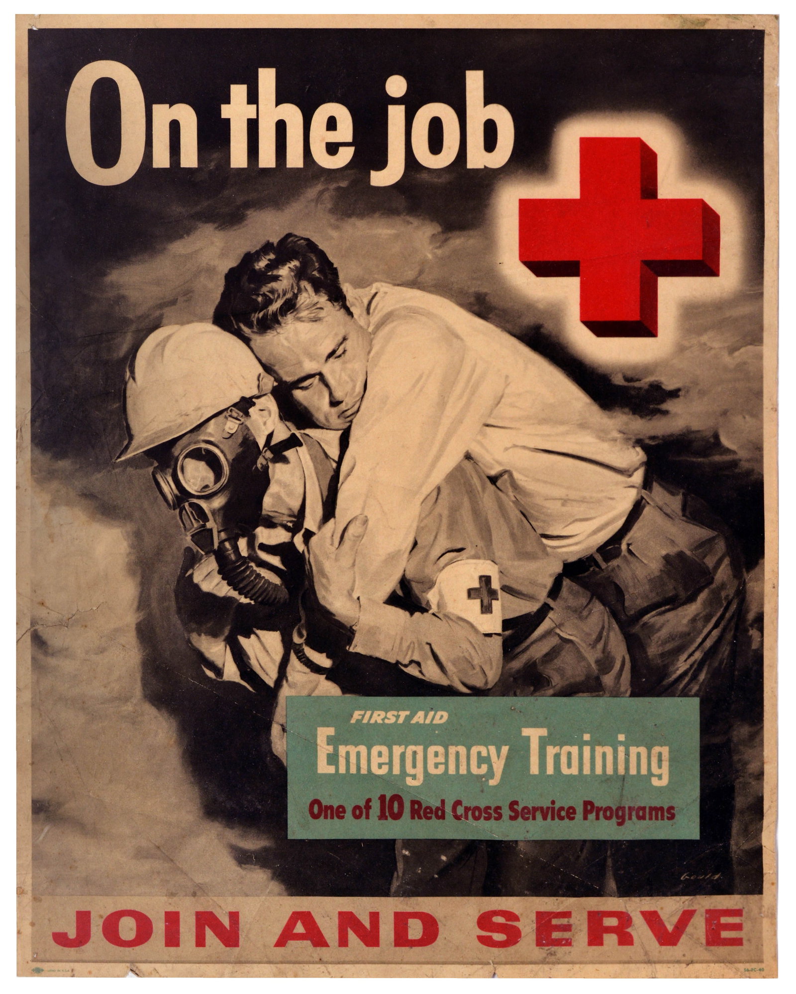 Propaganda Poster On The Job Emergency Training Red Cross: Original vintage American recruitment and public safety poster - On the job / First Aid Emergency Training - featuring artwork by the prominent illustrator John Gould (1906-1996), depicting a rescue w