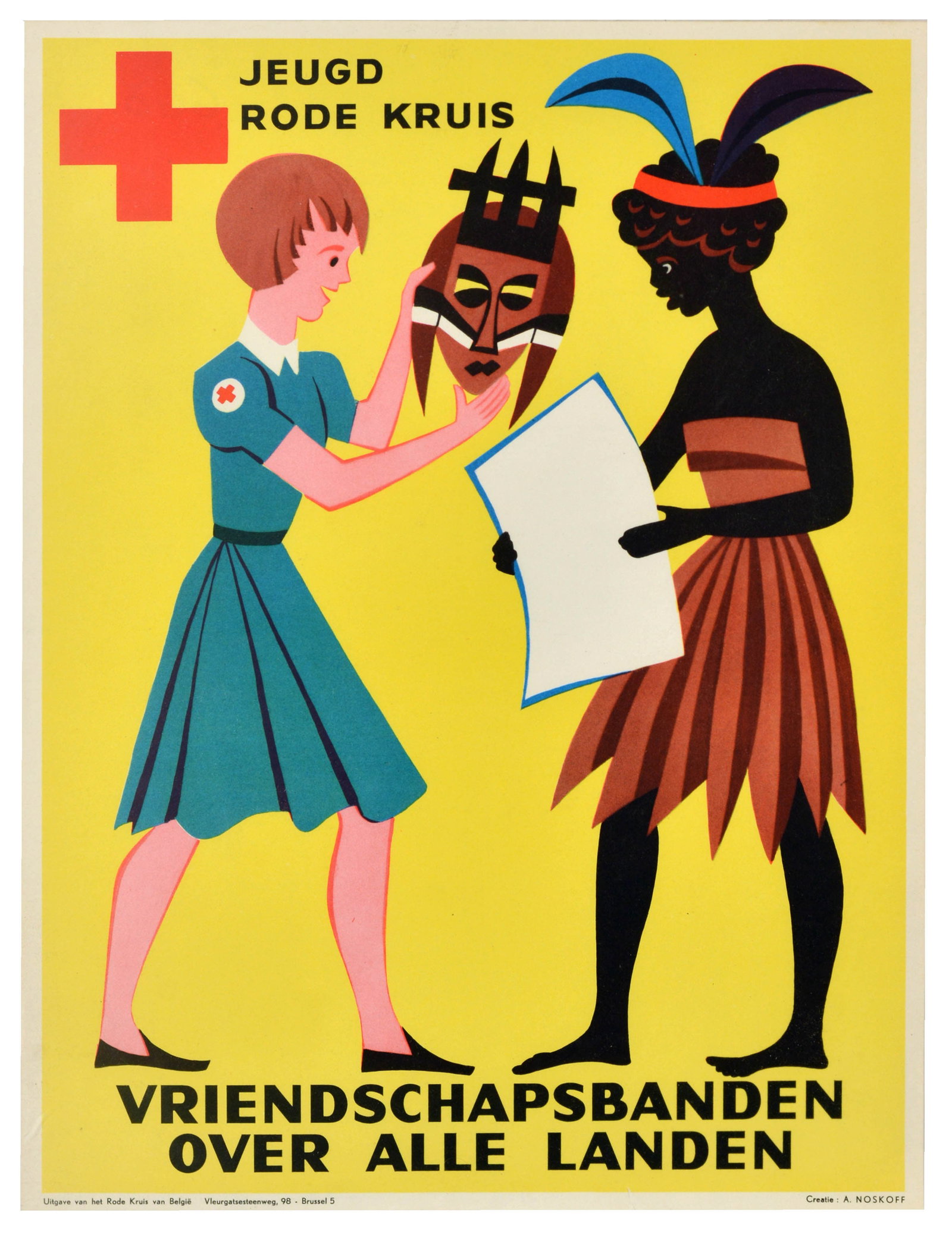 Propaganda Poster Bonds Multiracial Friendship Belgium Africa Red Cross: Original vintage humanitarian poster published by the Belgian Red Cross / Jeugd Rode Kruis to promote global unity, international friendship, and humanitarian aid among young people, featuring a young