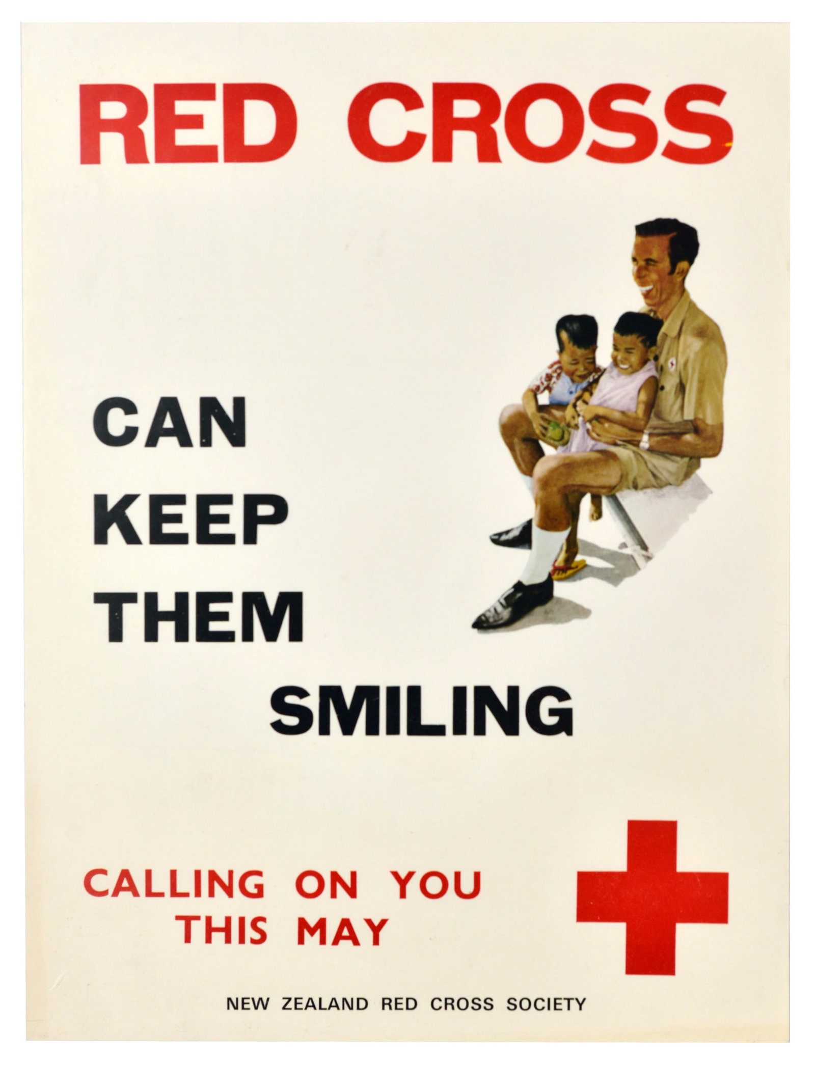 Propaganda Poster Red Cross Keep Them Smiling New Zealand: Original vintage humanitarian appeal and fundraising poster - Red Cross Can Keep Them Smiling. Calling on you this May - published by the New Zealand Red Cross Society, featuring a smiling man sitting