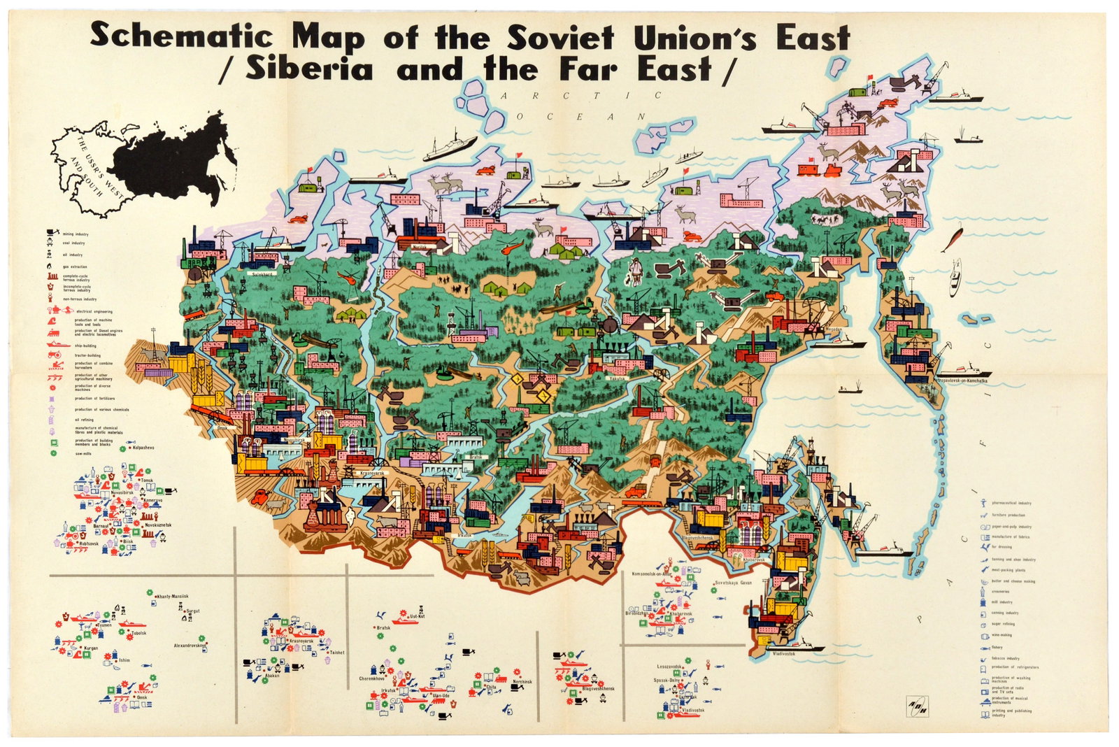 Propaganda Poster Illustrated Map USSR Industry Mining East Siberia Soviet Union: Original vintage Cold War era infographic poster featuring a detailed schematic map of the vast eastern territories of the USSR, including Siberia and the Far East. The design is richly illustrated wi