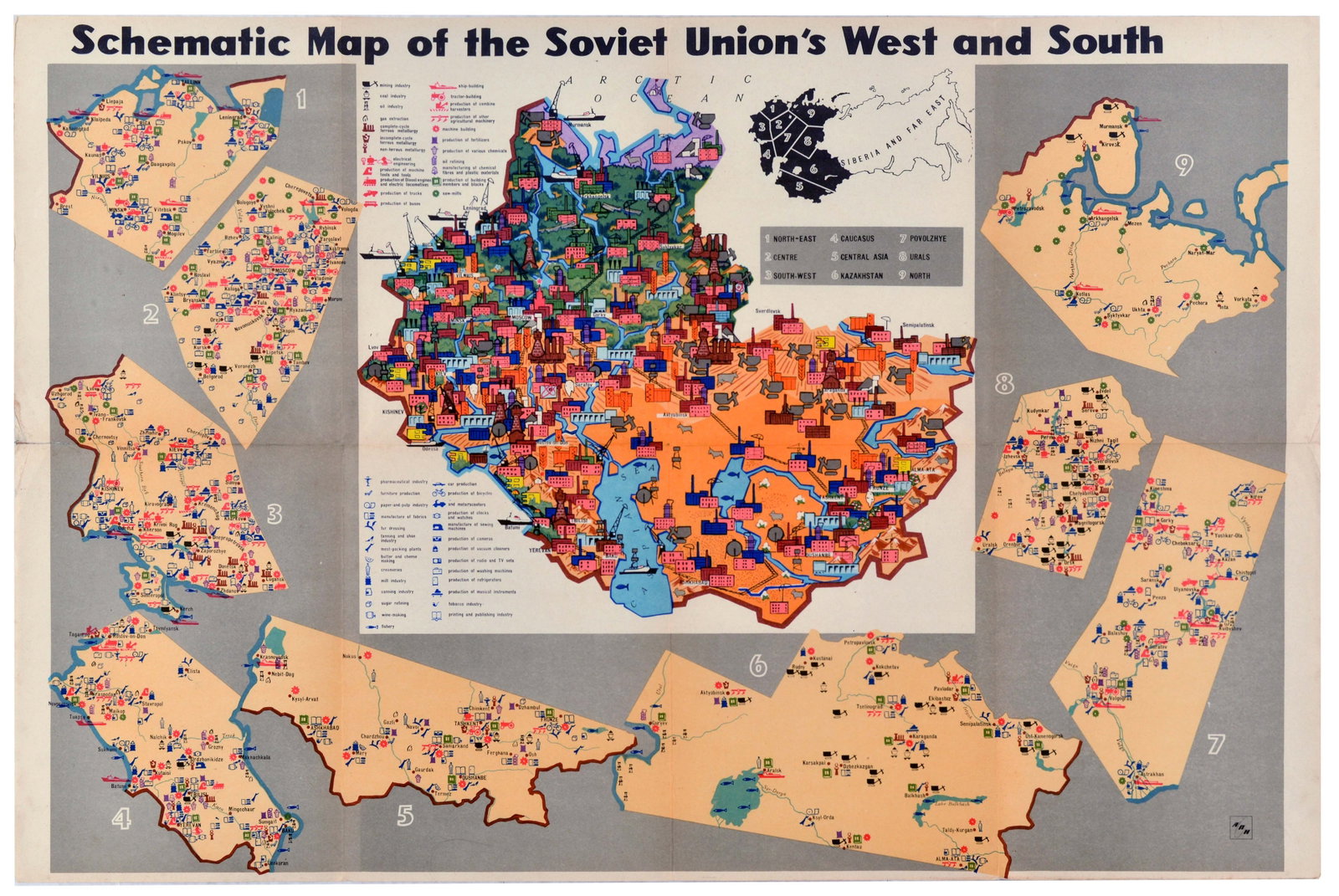 Propaganda Poster Illustrated Map USSR Industry Soviet Union West South USSR: Original vintage Cold War era infographic poster featuring a detailed schematic map of the western and southern territories of the Soviet Union. The central map highlights the European regions, the Ca