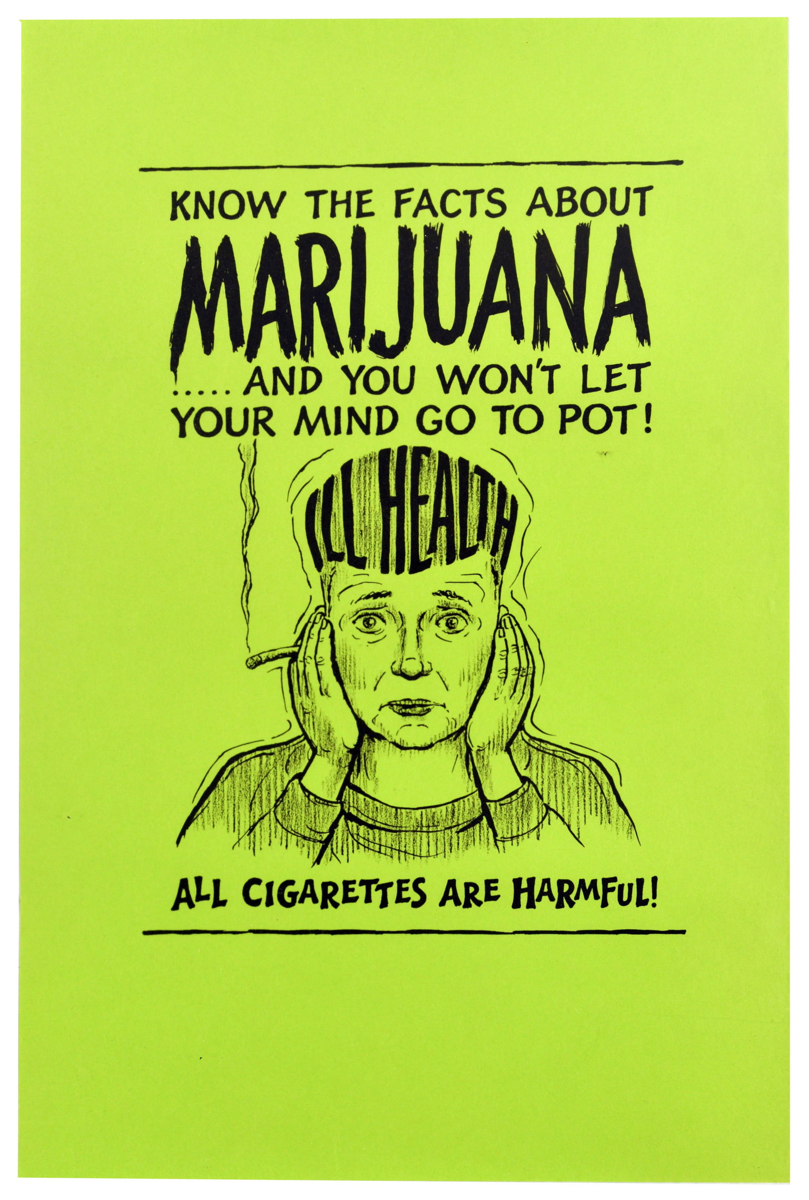 Propaganda Poster Marijuana Abstinence USA Drug Smoking Health: Original vintage mid-century anti-drug propaganda poster featuring an illustration of a distraught individual holding their head in their hands while a lit joint or cigarette smoulders in one hand, wi