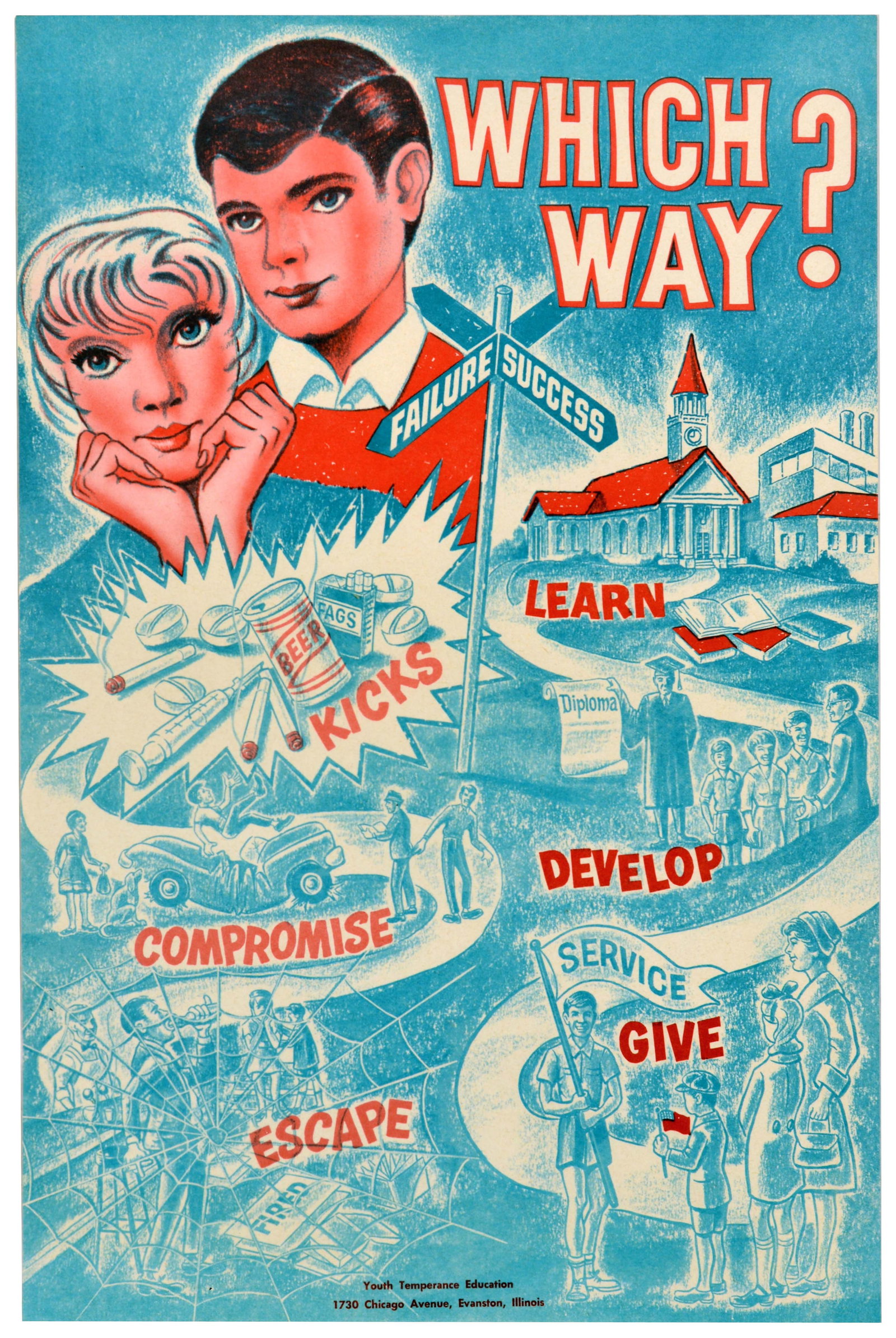 Propaganda Poster USA Youth Temperance Council Morals: Original vintage mid-century American social propaganda poster issued by the Youth Temperance Council (Signal Press, Evanston, Illinois) featuring an image of a teenage couple at a crossroads under th