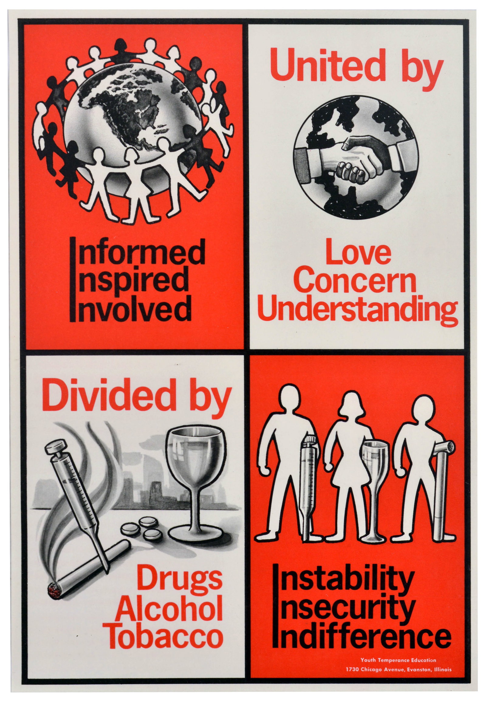 Propaganda Poster United By Love Drug Alcohol Abstinence USA Youth Temperance: Original vintage mid-century motivational propaganda poster - United by Love Concern Understanding / Divided by Drugs Alcohol Tobacco - featuring a bold four-quadrant layout alternating in vivid red, 