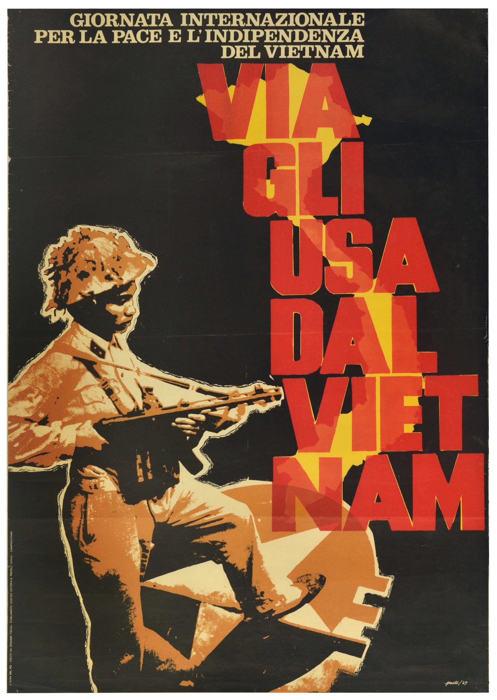 Propaganda Poster USA Out Of Vietnam War Soldier: Original vintage political propaganda poster issued in Italy for the International Day for Peace and Independence of Vietnam / Giornata Internazionale per la Pace e l'Indipendenza del Vietnam, featuri