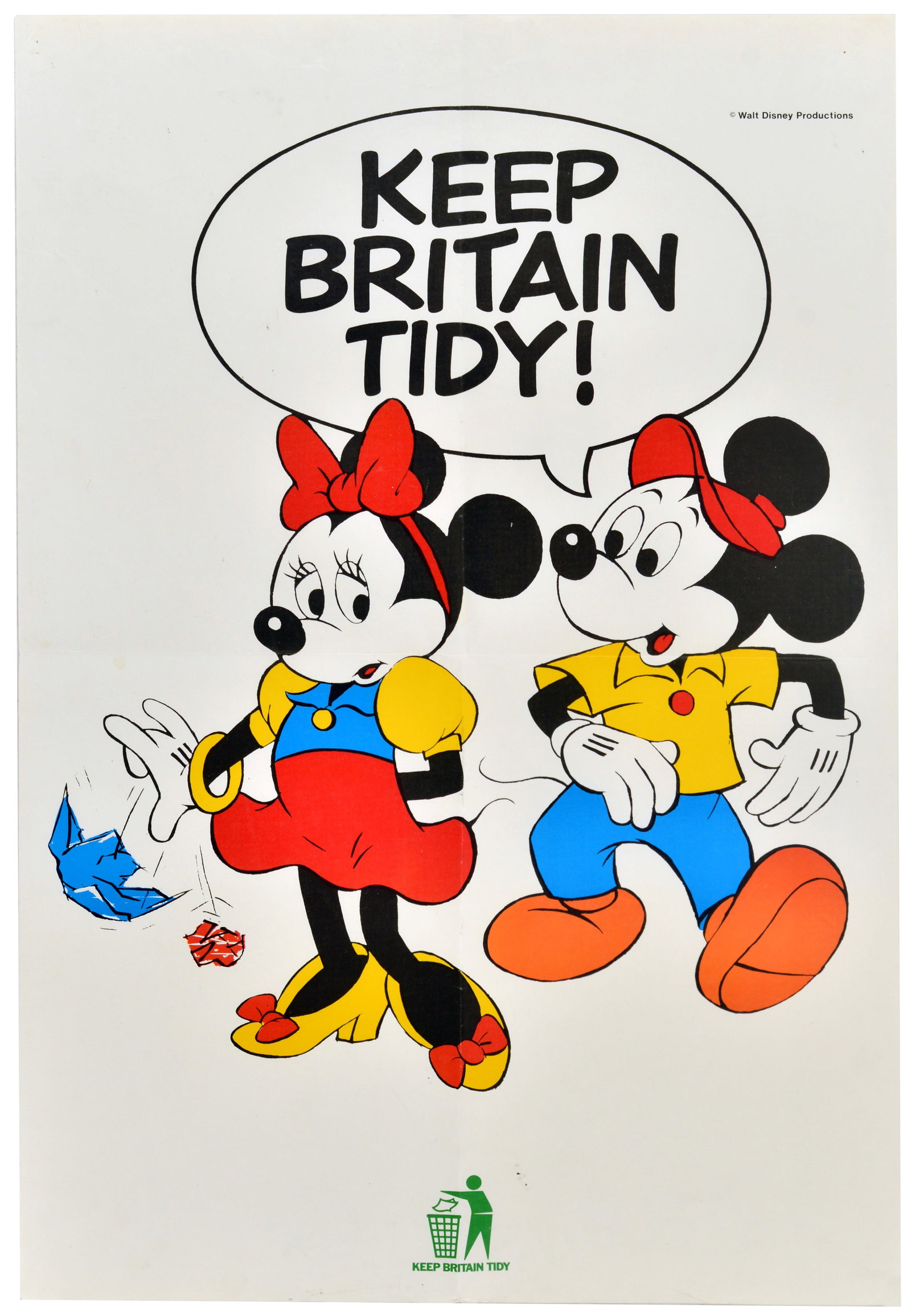 Propaganda Poster Keep Britain Tidy Mickey Mouse Environment: Original vintage environmental propaganda poster from the Keep Britain Tidy campaign, featuring the iconic Walt Disney characters Mickey and Minnie Mouse. The clean, illustrative design depicts Minnie