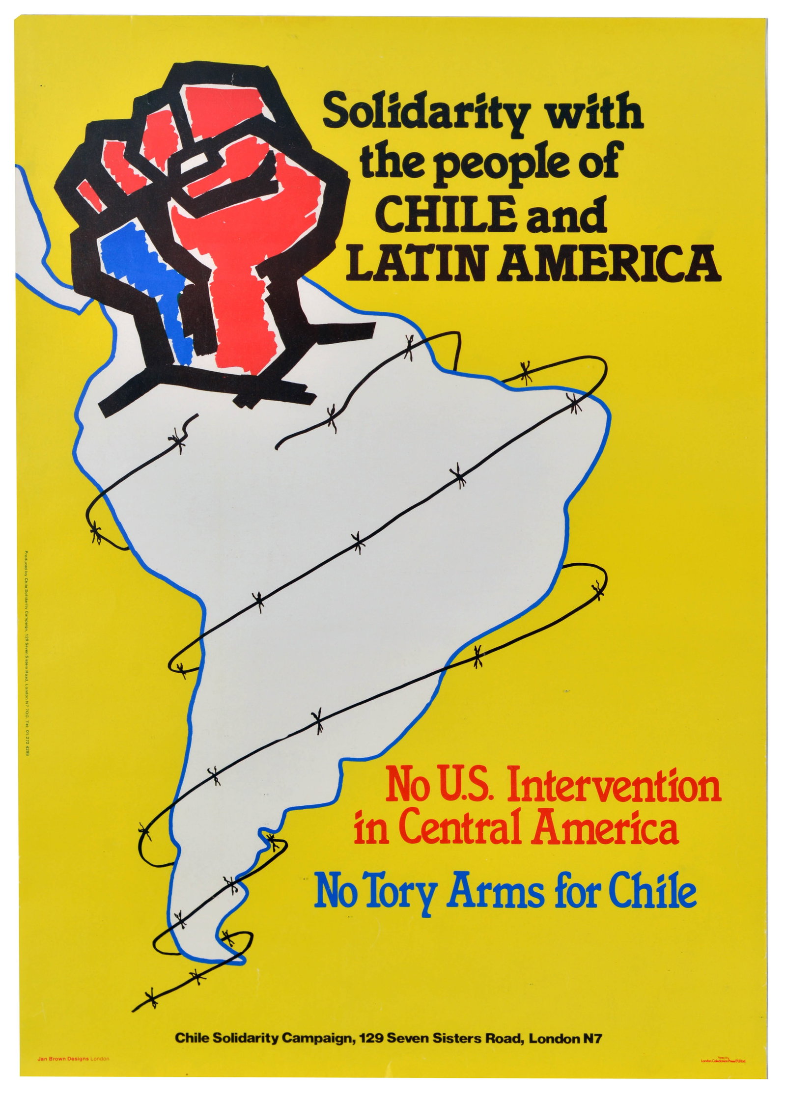 Propaganda Poster Chile Latin America US Intervention Tory Arms: Original vintage political protest poster published by the Chile Solidarity Campaign featuring a bold graphic composition depicting a blue outline map of South America wrapped tightly in strands of bl