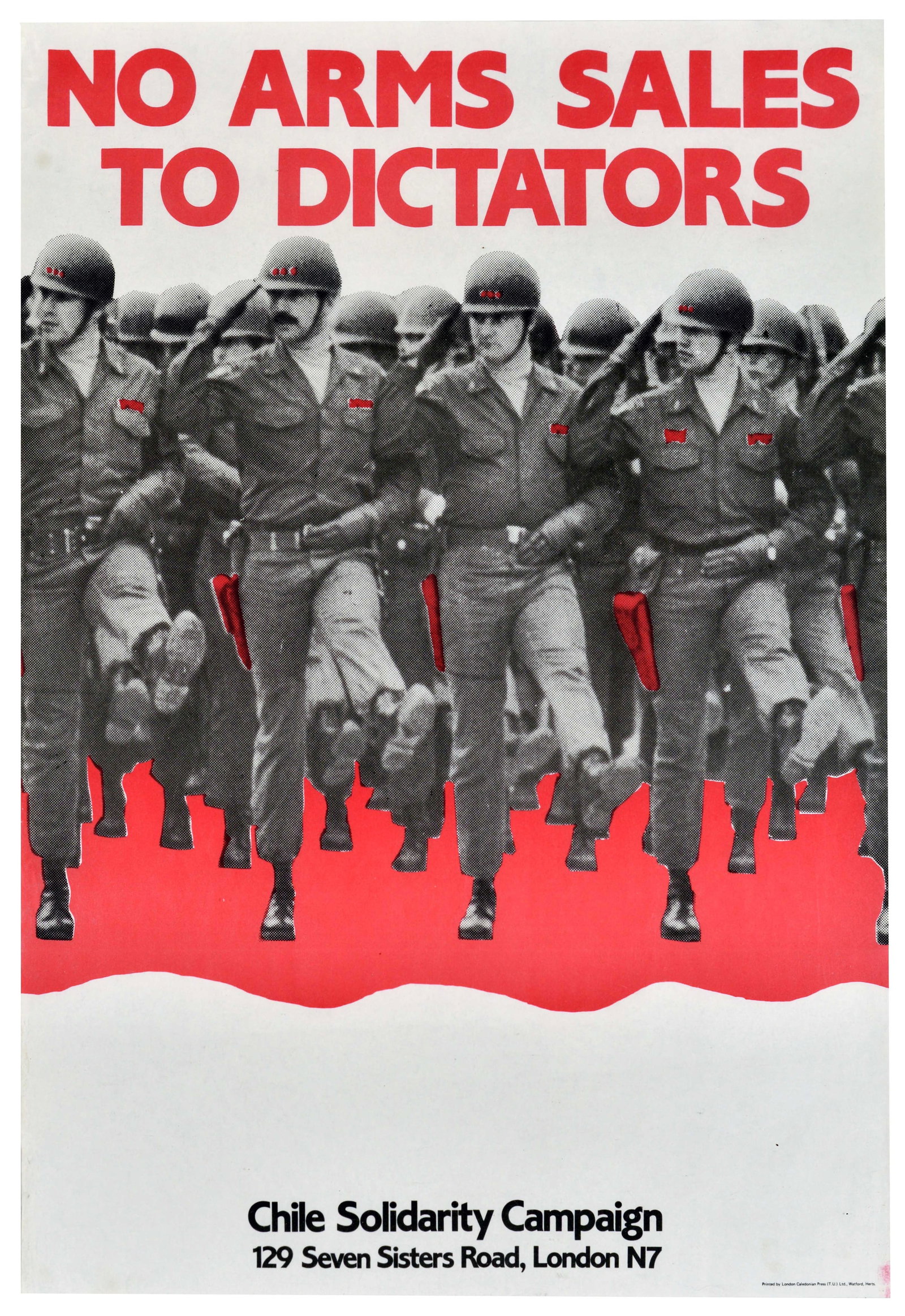 Propaganda Poster No Arms Sales to Dictators Chile Solidarity Pinochet: Original vintage political propaganda poster - No Arms Sales to Dictators - targeting Western military support for General Augusto Pinochet's oppressive regime following the 1973 Chilean coup d'?tat. 