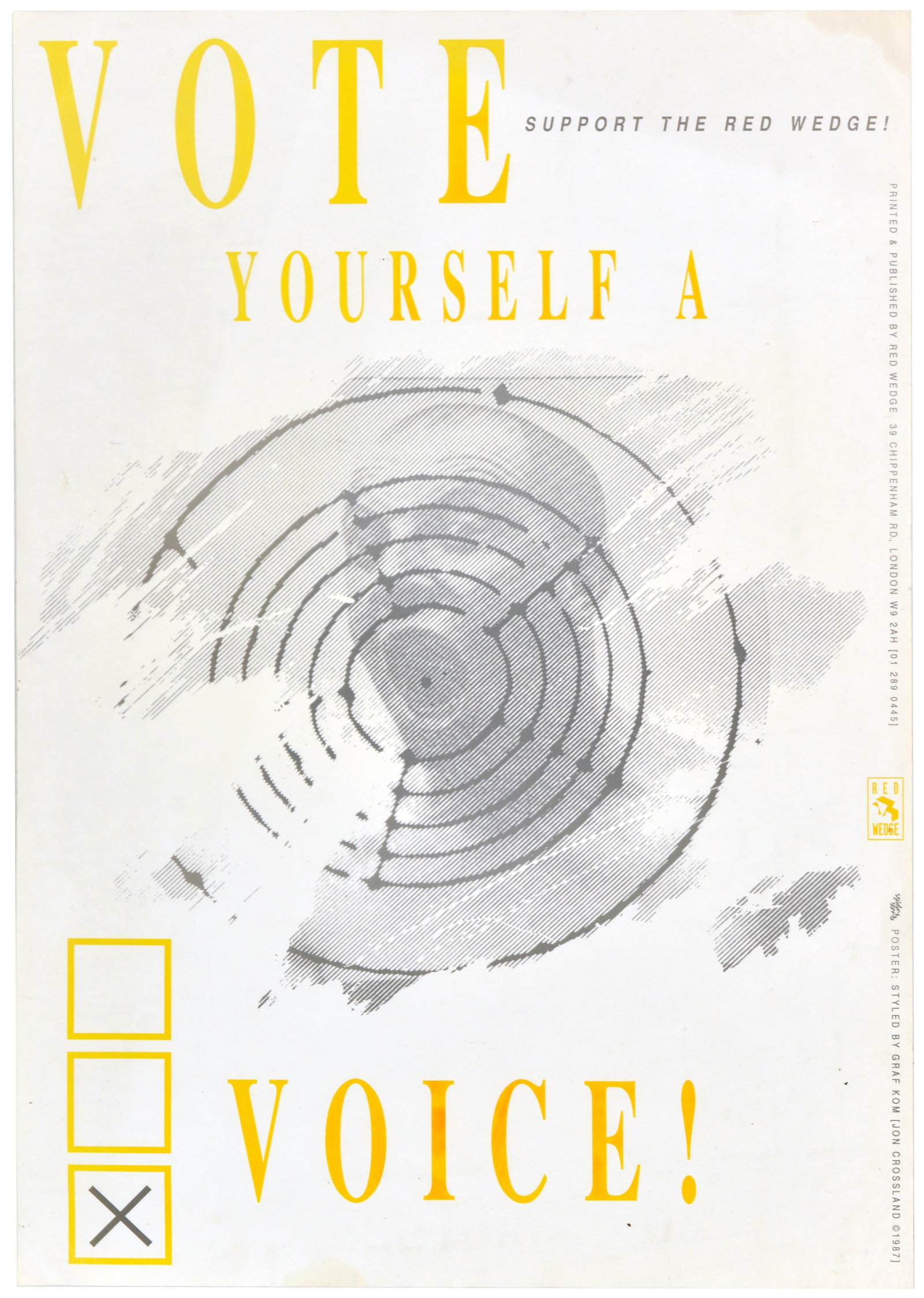 Propaganda Poster Vote Yourself A Voice UK Election Red Wedge: Original vintage political poster titled - Vote Yourself a Voice! - published by the British collective Red Wedge to encourage youth engagement in the UK General Election, featuring an elegant and min