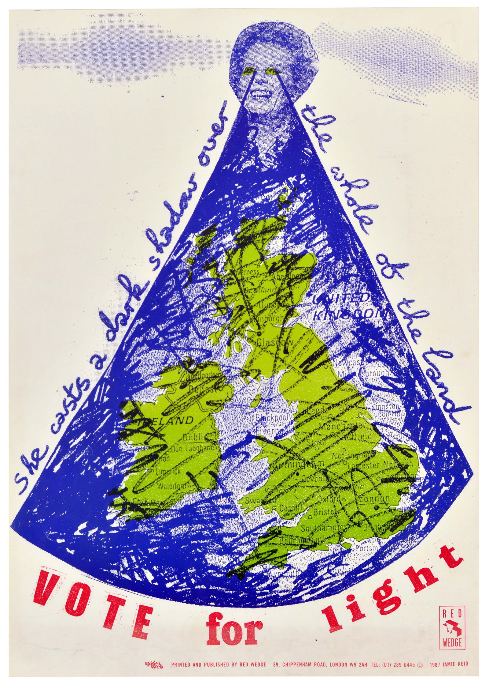 Propaganda Poster Vote For Light Thatcher UK Elections Jamie Reid: Original vintage political poster titled Vote for Light, designed by the influential British anarchist artist and iconoclast Jamie Reid (1947-2023) for the Red Wedge collective. This provocative and s