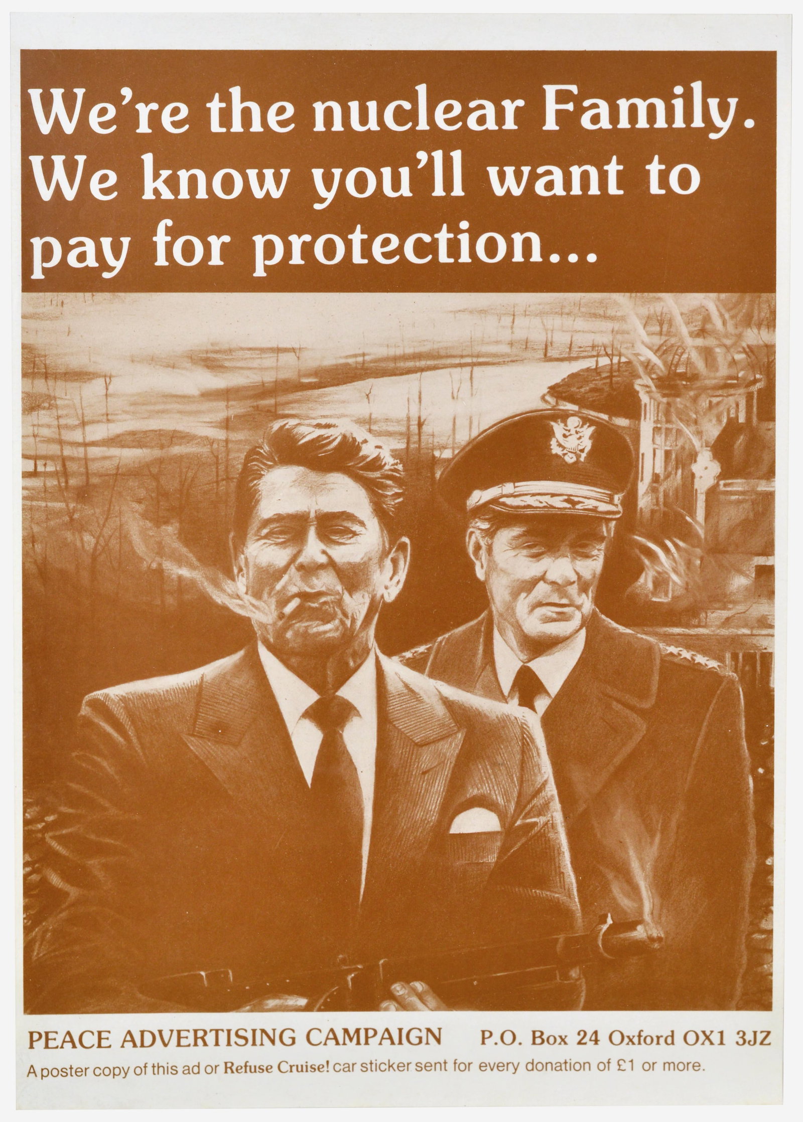 Propaganda Poster Nuclear Bomb Family US Military Protection Mob Ronald Reagan Mob Peace: Original vintage political propaganda poster from the Cold War era - We?re the nuclear Family. We know you?ll want to pay for protection... - featuring a biting satirical design depicting a stylised c