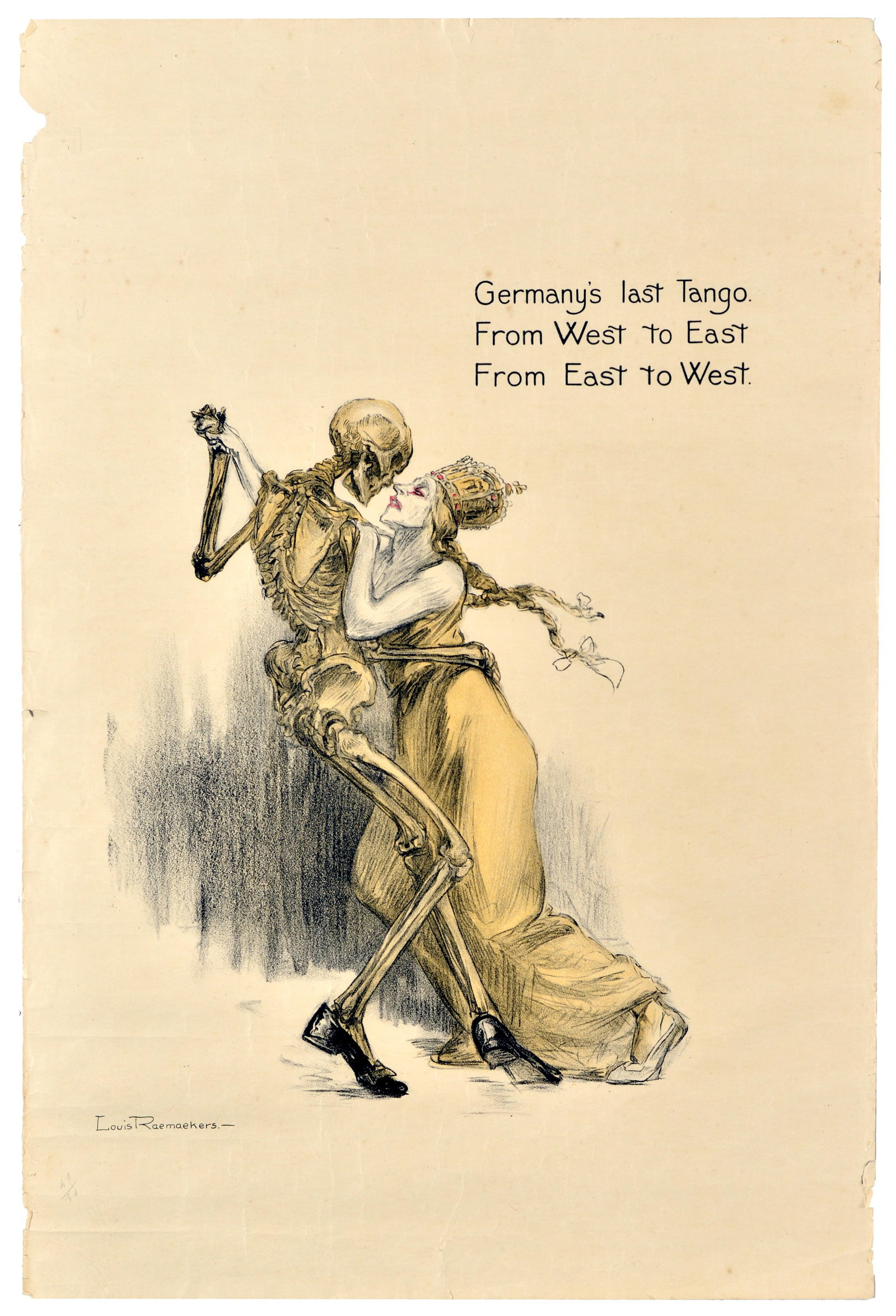 War Poster Germany Last Tango Skeleton WWI Louis Raemaekers: Original antique World War One anti-German propaganda poster titled Germany's Last Tango by the Dutch cartoonist and painter Louis Raemaekers (1869-1956). The haunting and provocative artwork features