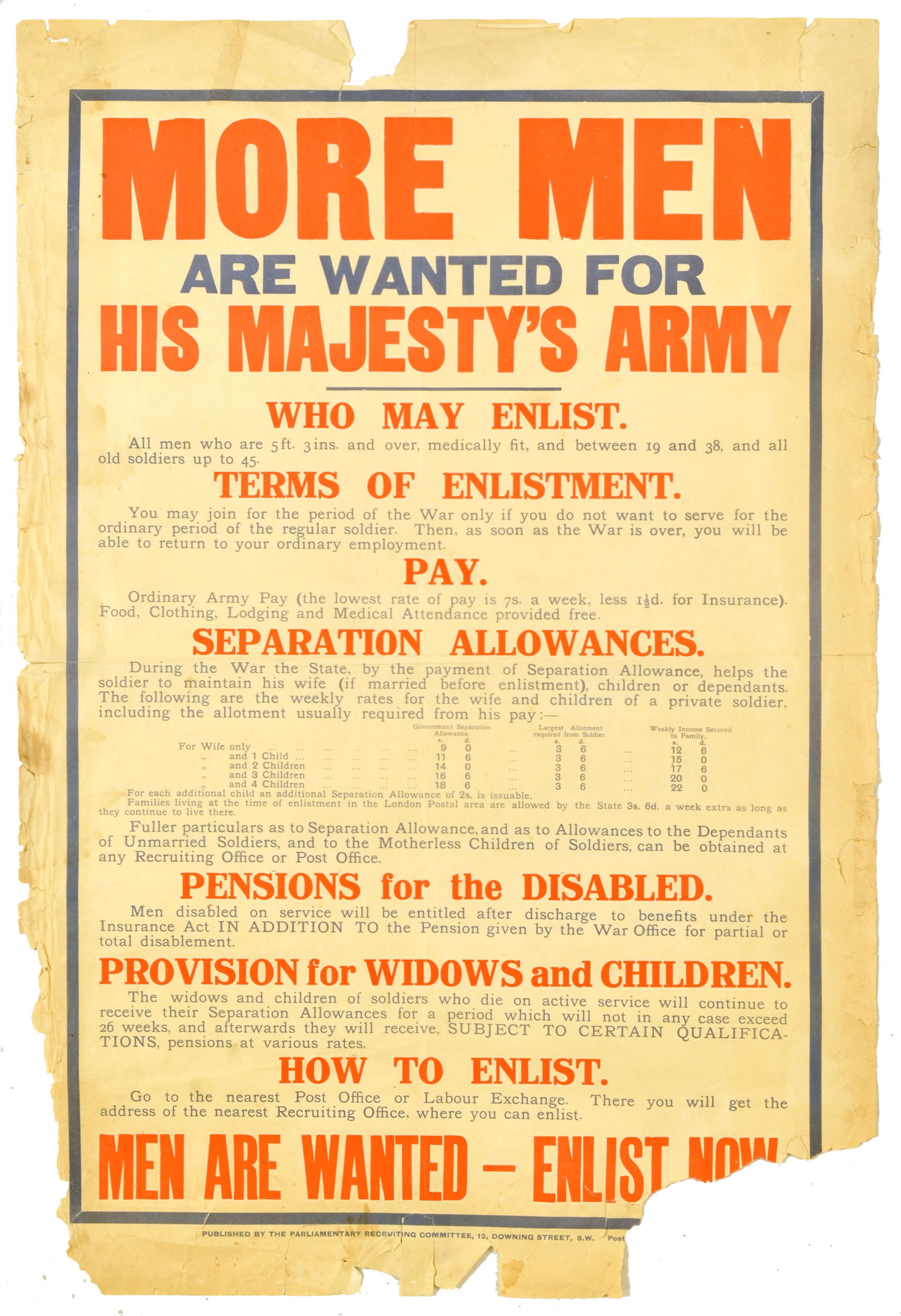 War Poster More Men Are Wanted WWI Army British: Original antique British First World War military recruitment poster - More Men Are Wanted For His Majesty's Army - issued by the Parliamentary Recruiting Committee. Designed to bolster forces for His