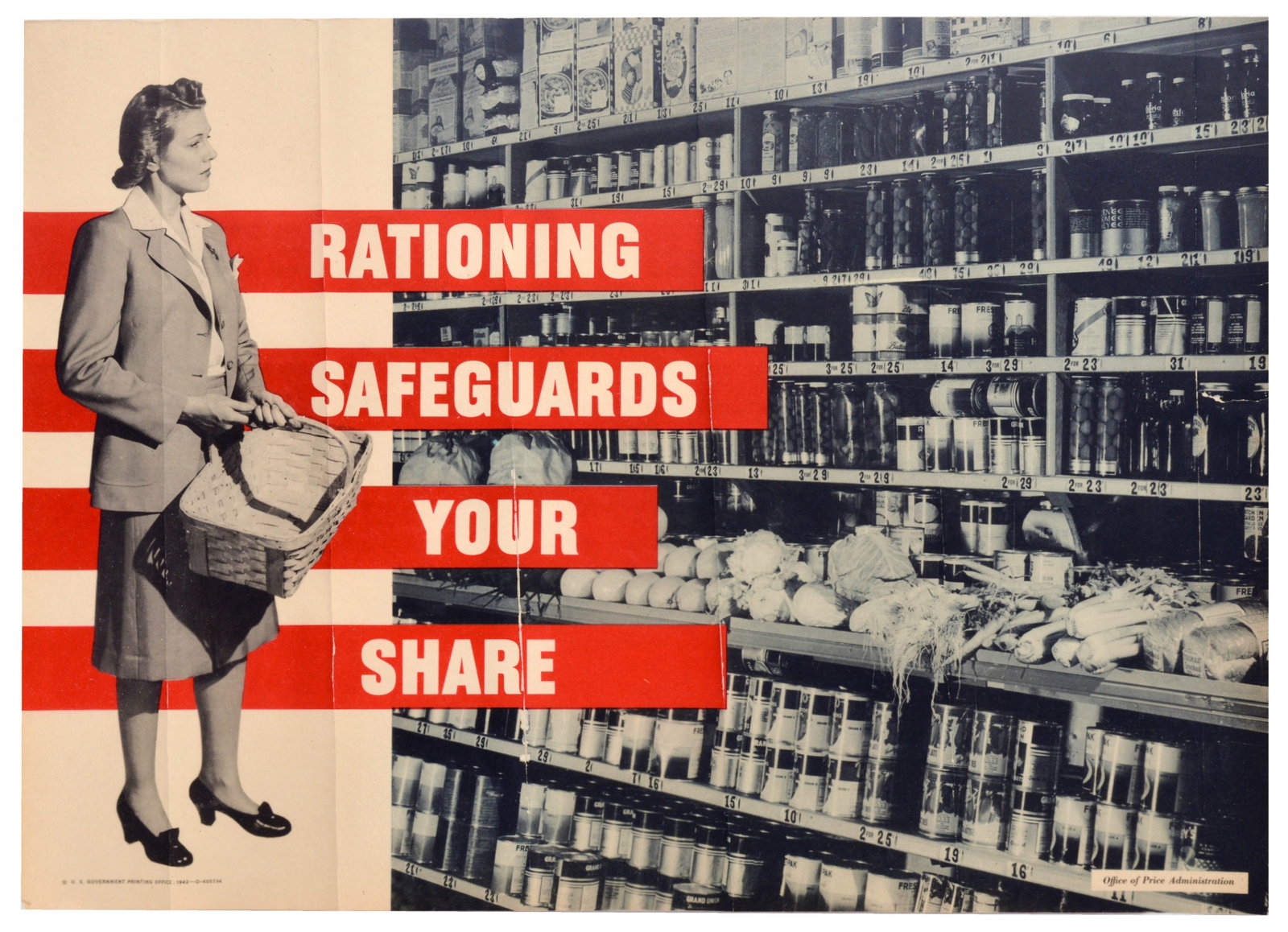 War Poster Food Rationing WWII Home Front USA: Original vintage World War Two home front propaganda poster, issued by the United States ?Office of Price Administration OPA, featuring a graphic design titled - Rationing Safeguards Your Share - comb