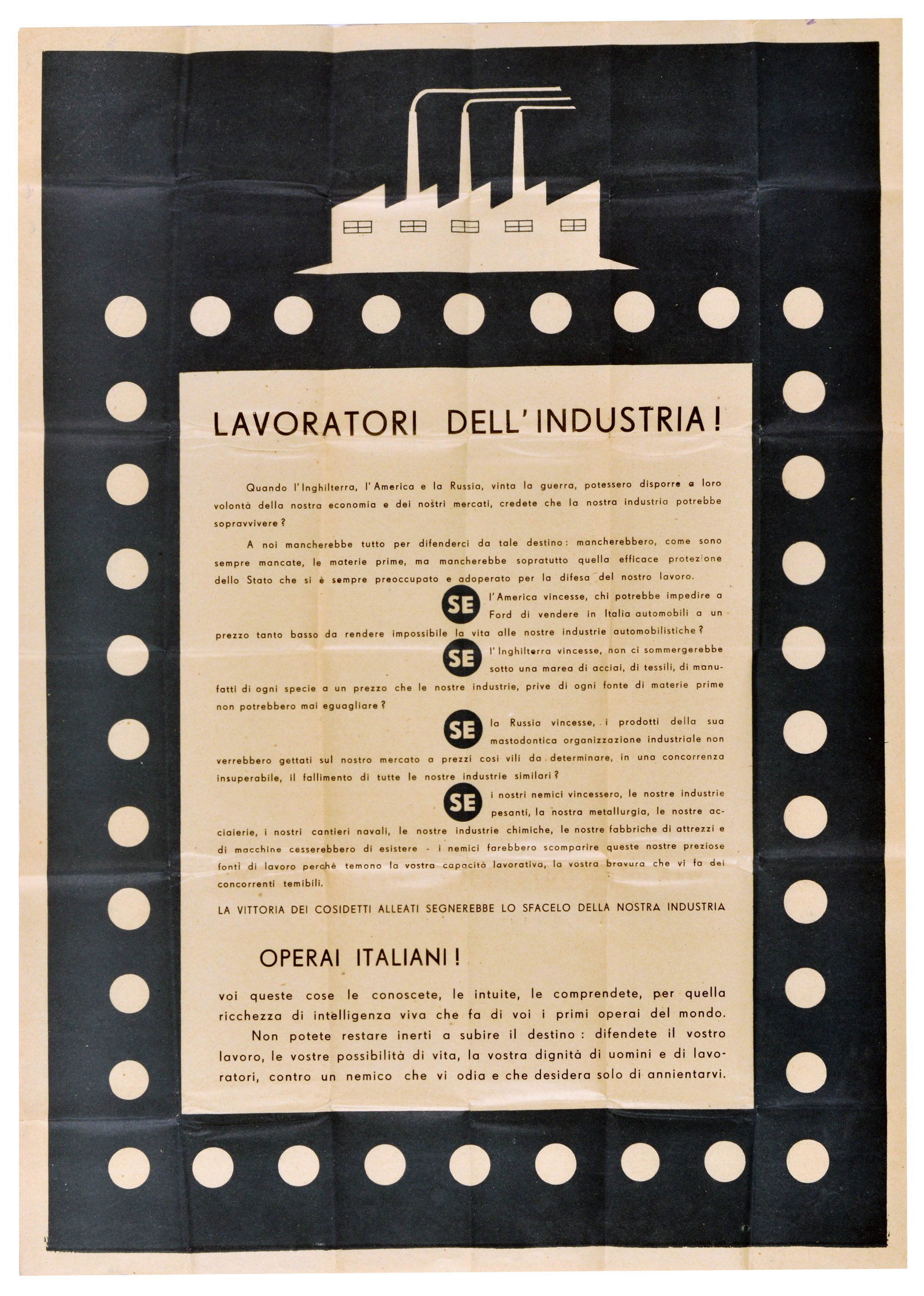 War Poster Factory Workers Allied Powers WWII: Original vintage World War Two propaganda poster issued by the Italian Social Republic (RSI) to rally factory workers against the Allied powers during the later stages of WWII. The poster features a s