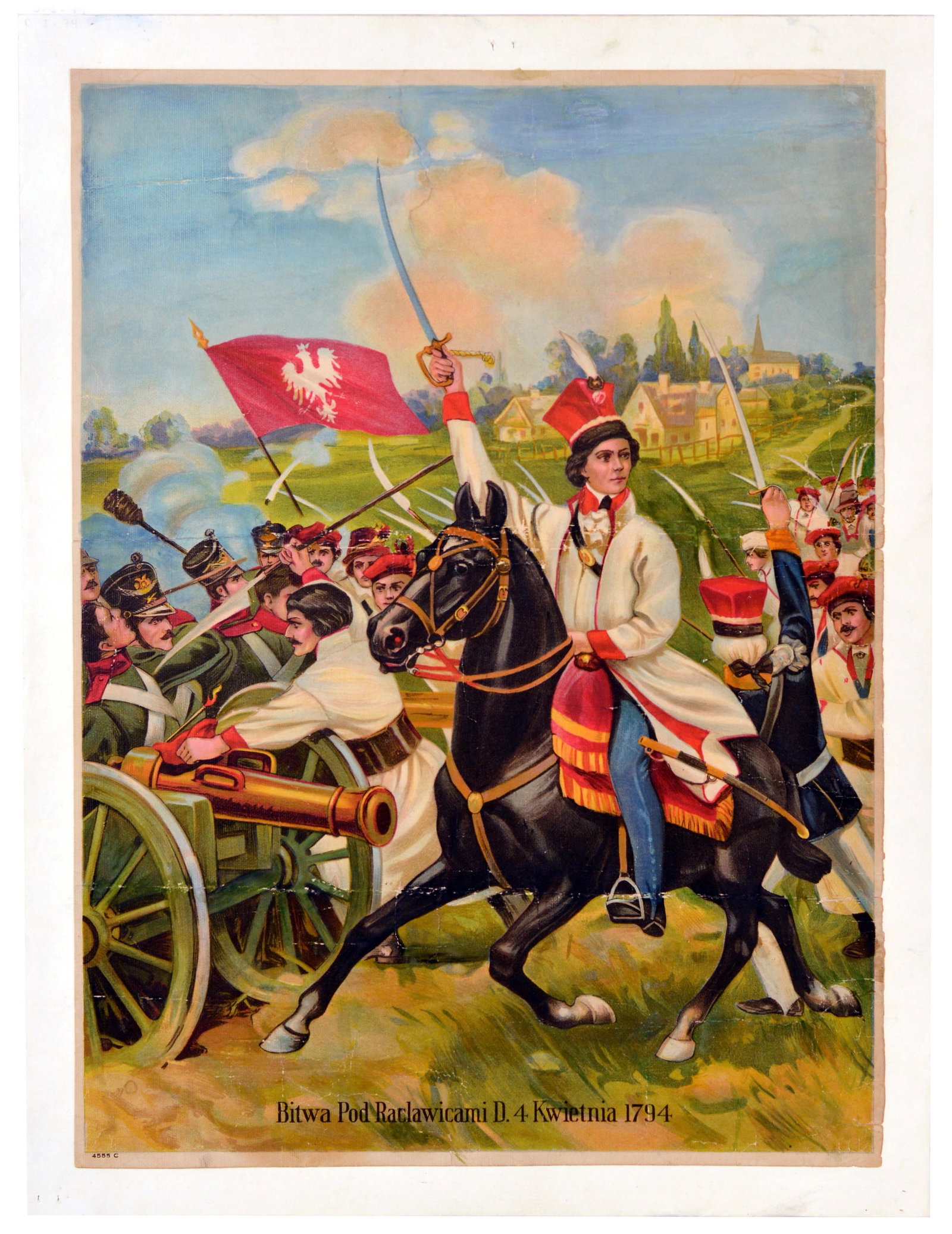 War Poster Raclawice Battle Kosciuszko Uprising Poland: Original vintage historical military poster Battle of Raclawice 4 April 1794 / Bitwa Pod Raclawicami D. 4 Kwietnia 1794 - featuring the national hero and military commander Tadeusz Kosciuszko (1746-18