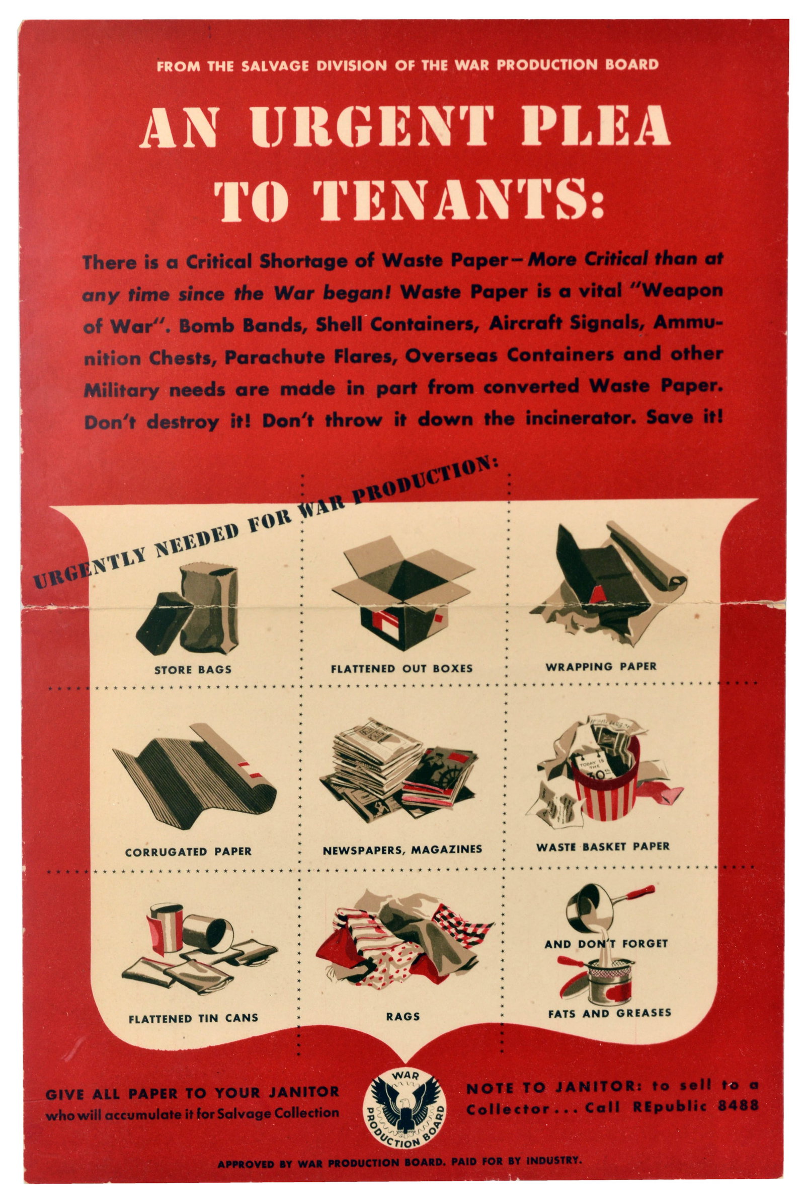 War Poster Paper Recycling WWII Home Front Salvage Production: Original vintage World War Two home front propaganda poster, issued by the Salvage Division of the War Production Board, titled An Urgent Plea to Tenants, featuring a highly detailed grid of illustrat