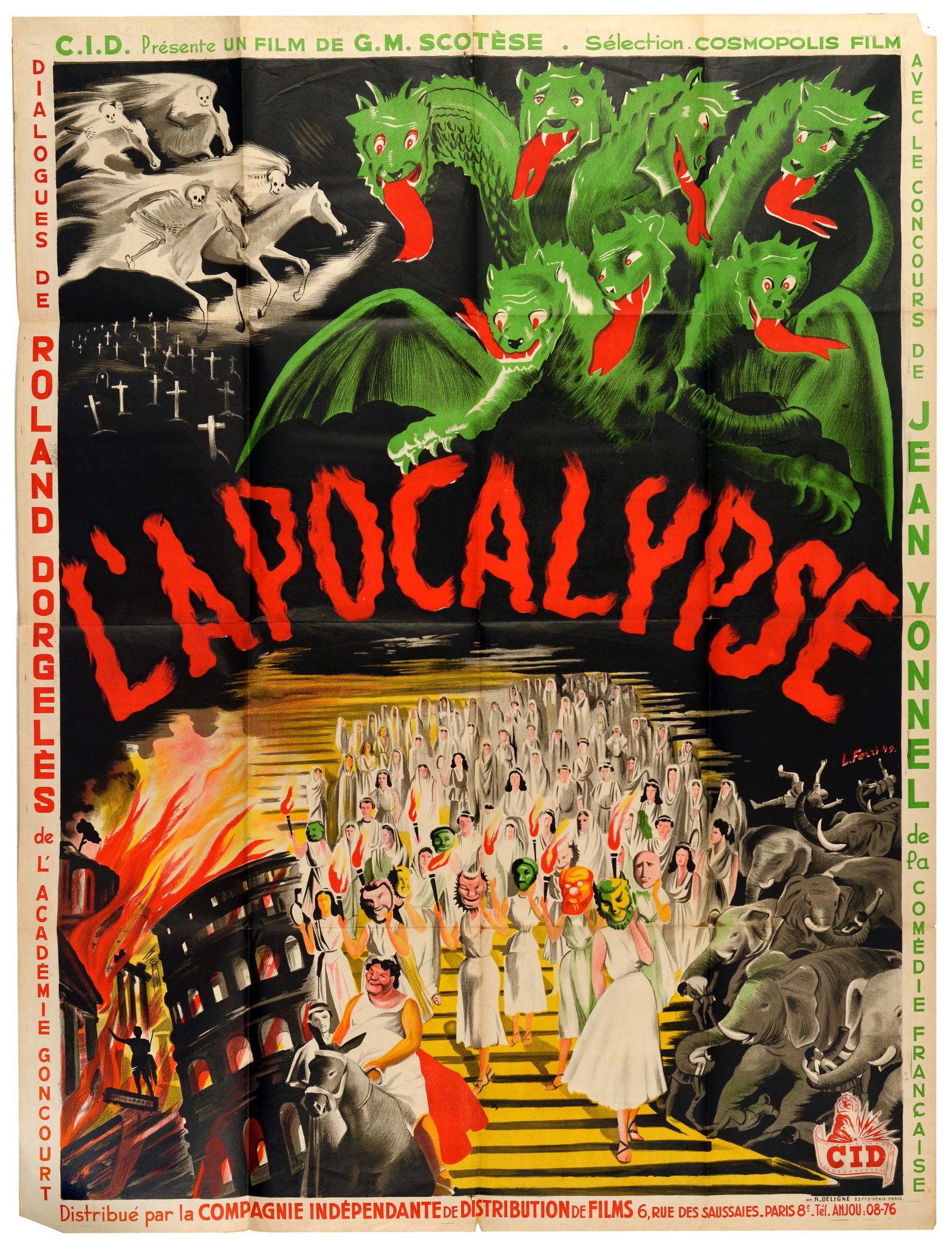 Movie Poster Apocalypse Beasts Giuseppe Maria Scotese: Original vintage French movie poster for the release of the 1947 Italian historical drama L'Apocalypse, directed by Giuseppe Maria Scotese and featuring dialogue adapted by French author Roland Dorgel