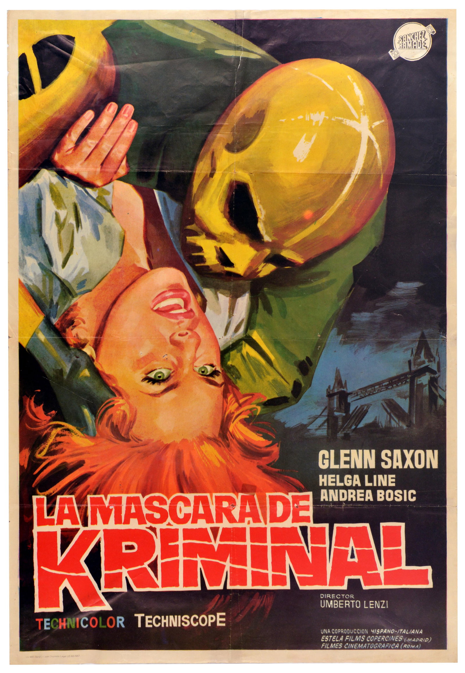 Movie Poster Kriminal Superhero Italian Comics Skeleton: Original vintage film poster for the Spanish release of the Euro-spy thriller La Mascara de Kriminal / Kriminal, directed by Umberto Lenzi in 1967. This striking composition features the iconic anti-h