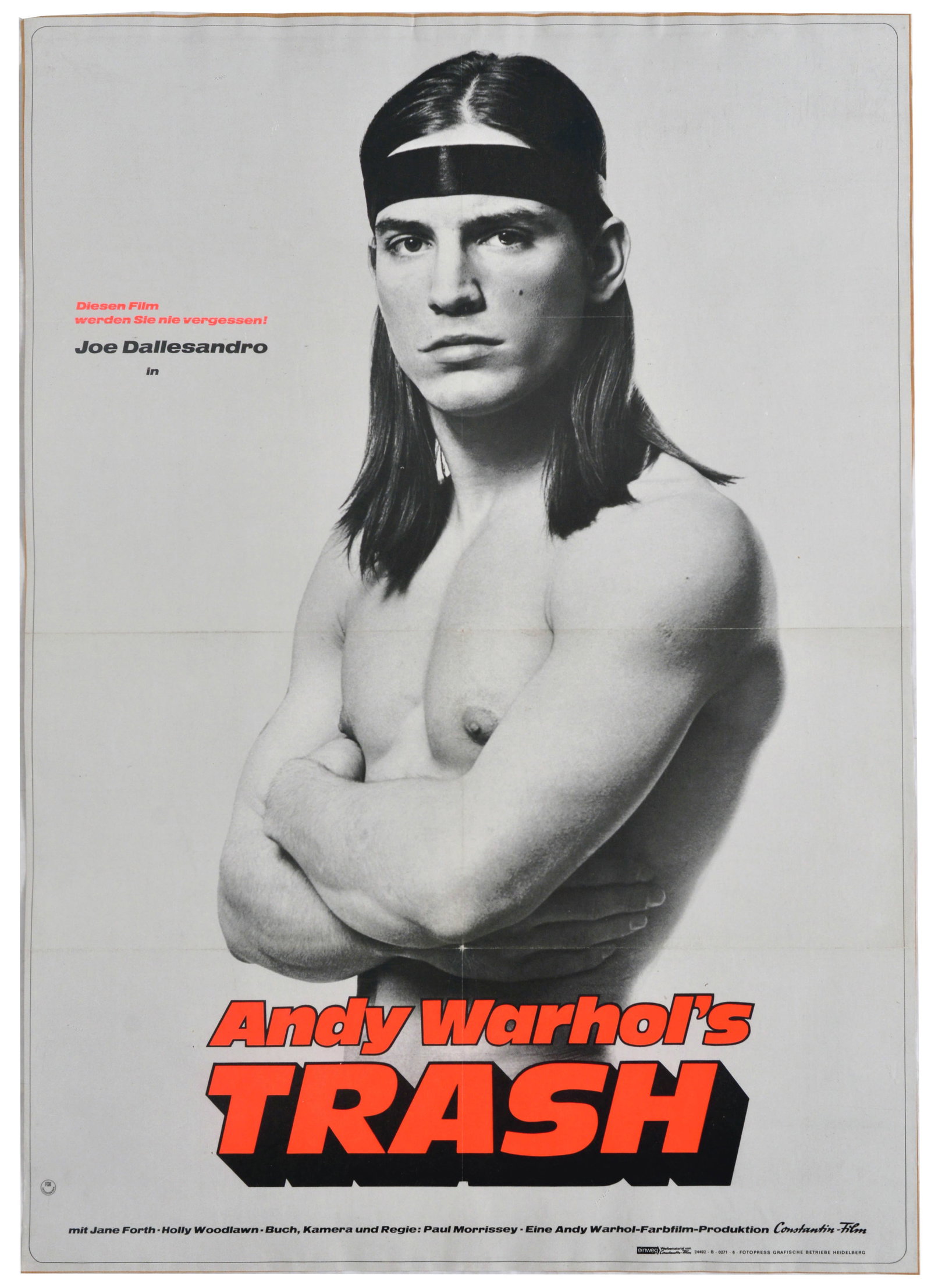 Movie Poster Trash Andy Warhol Bad Taste Trilogy Joe Dallesandro: Original vintage cinema poster for the West German theatrical release of the cult underground drama Trash directed by Paul Morrissey and produced by Andy Warhol - Design features a large black-and-whi