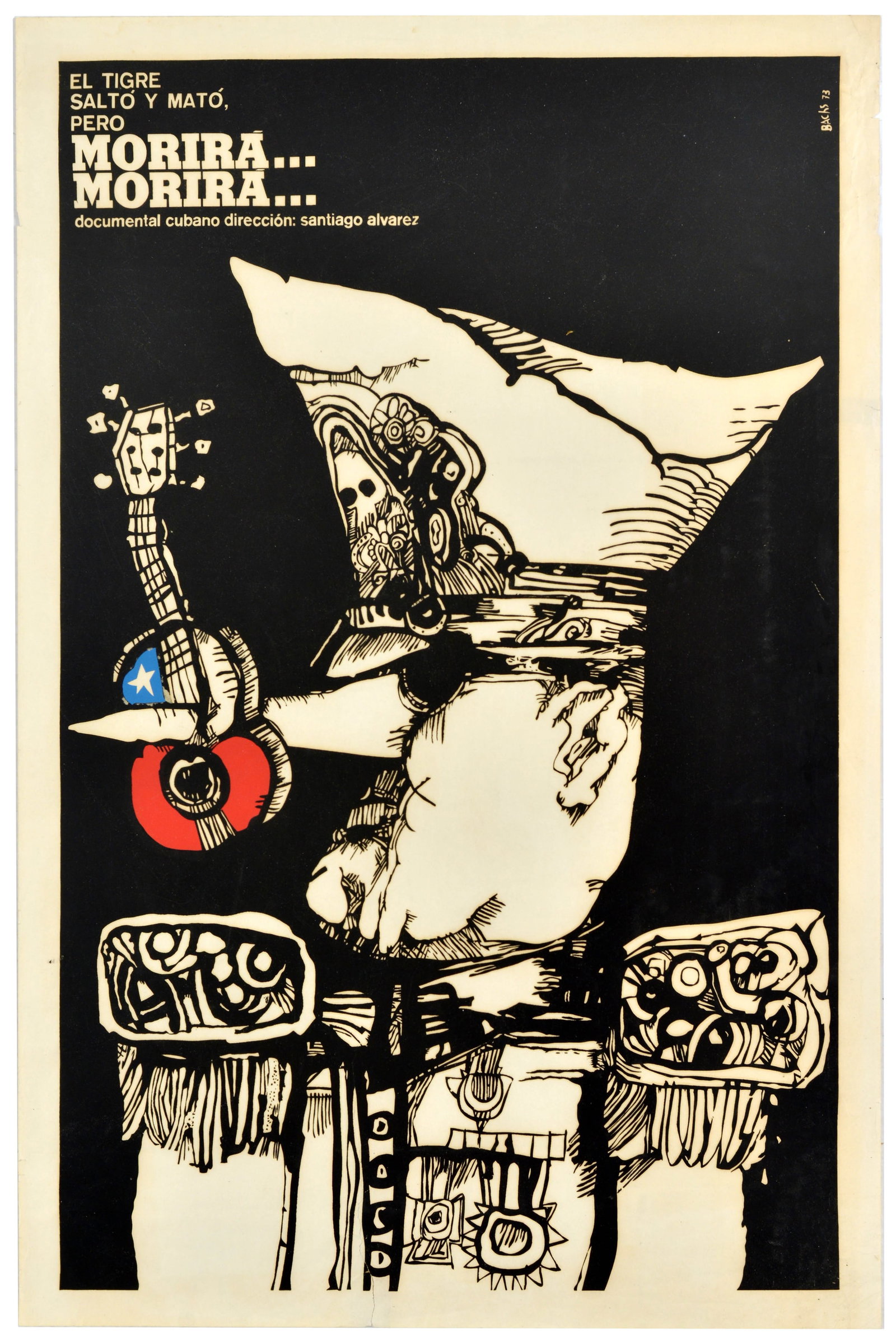 Movie Poster Augusto Pinochet Chile Coup Victor Jara Documentary: Original vintage film poster for the 1973 Cuban documentary El Tigre Salto y Mat, Pero Morira... Morira... / The Tiger Leapt and Killed, but it will Die... it will Die..., directed by Santiago Alvarez