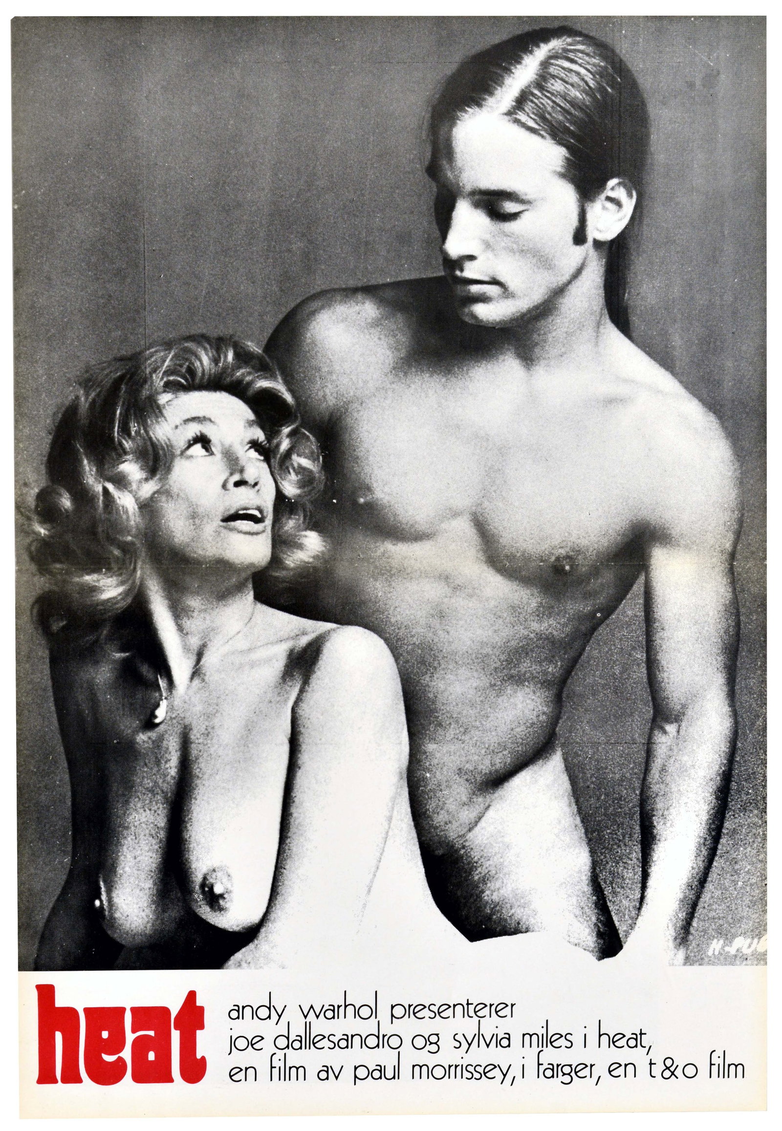 Movie Poster Heat Andy Warhol Bad Taste Trilogy Joe Dallesandro: Original vintage cinema double-sided lobby card for the German release of the underground satirical comedy Heat - Design features a black-and-white photograph depicting Joe Dallesandro standing shirtl