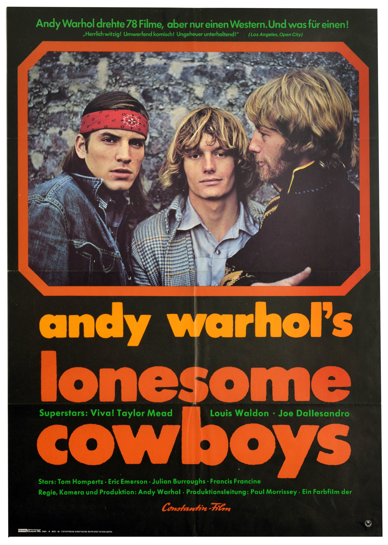 Movie Poster Lonesome Cowboys Andy Warhol: Original vintage movie poster for the first German theatrical release of the counter-culture satirical Western film Lonesome Cowboys - produced and directed by the iconic Pop Artist Andy Warhol and fi