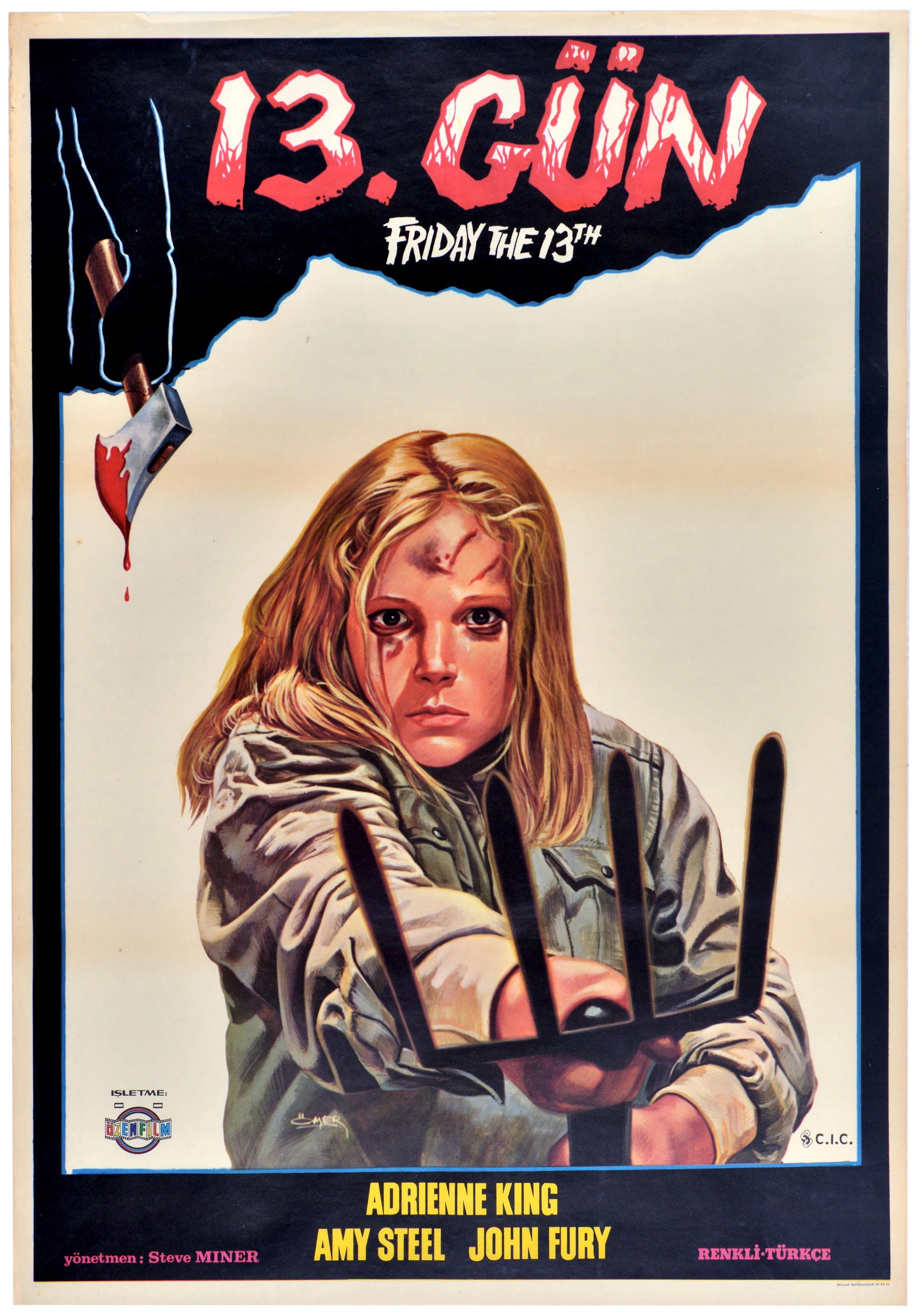 Movie Poster Friday the 13th Horror Omer Muz Turkish: Original vintage Turkish film poster is for the 1981 classic slasher sequel Friday the 13th Part 2, released in Turkey as 13. Gun. The artwork features a striking, hand-painted composition by the reno