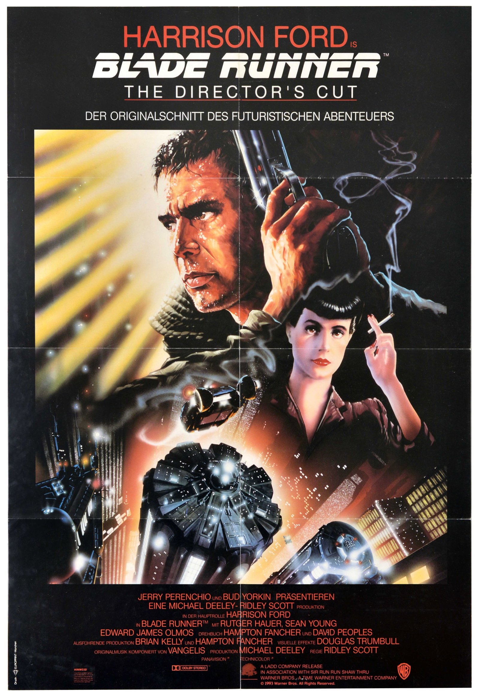 Movie Poster Blade Runner Directors Cut Harrison Ford: Original vintage German film poster for the 1991 re-release of Ridley Scott's sci-fi masterpiece Blade Runner: The Director's Cut. The poster features a composition dominated by a rugged, intensely fo