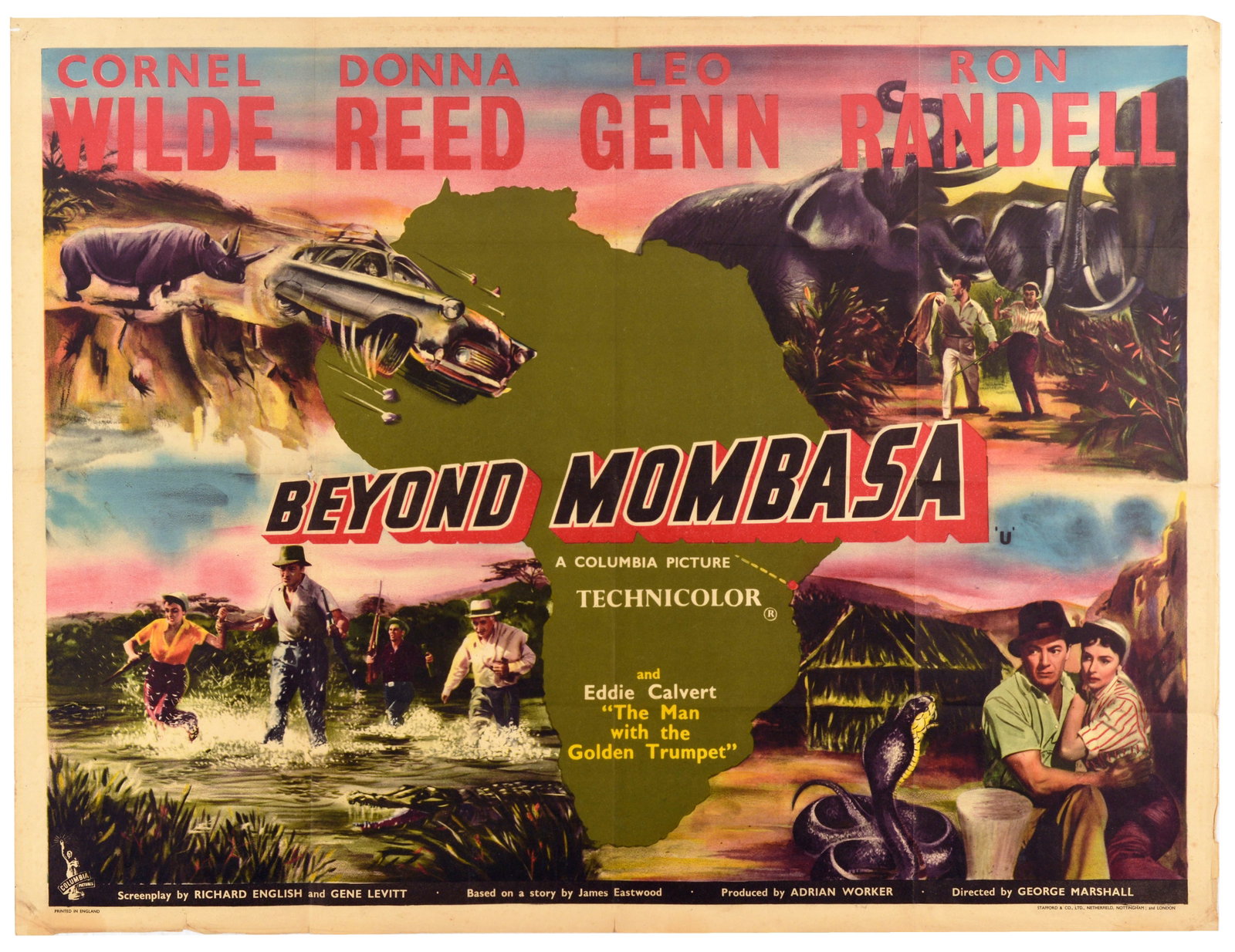 Movie Poster Beyond Mombasa Kenya Africa Adventure Jungle: Original vintage movie poster for Beyond Mombasa, a 1956 action-adventure film directed by George Marshall and starring Cornel Wilde, Donna Reed, Leo Genn, and Ron Randell. The poster's dynamic multi-