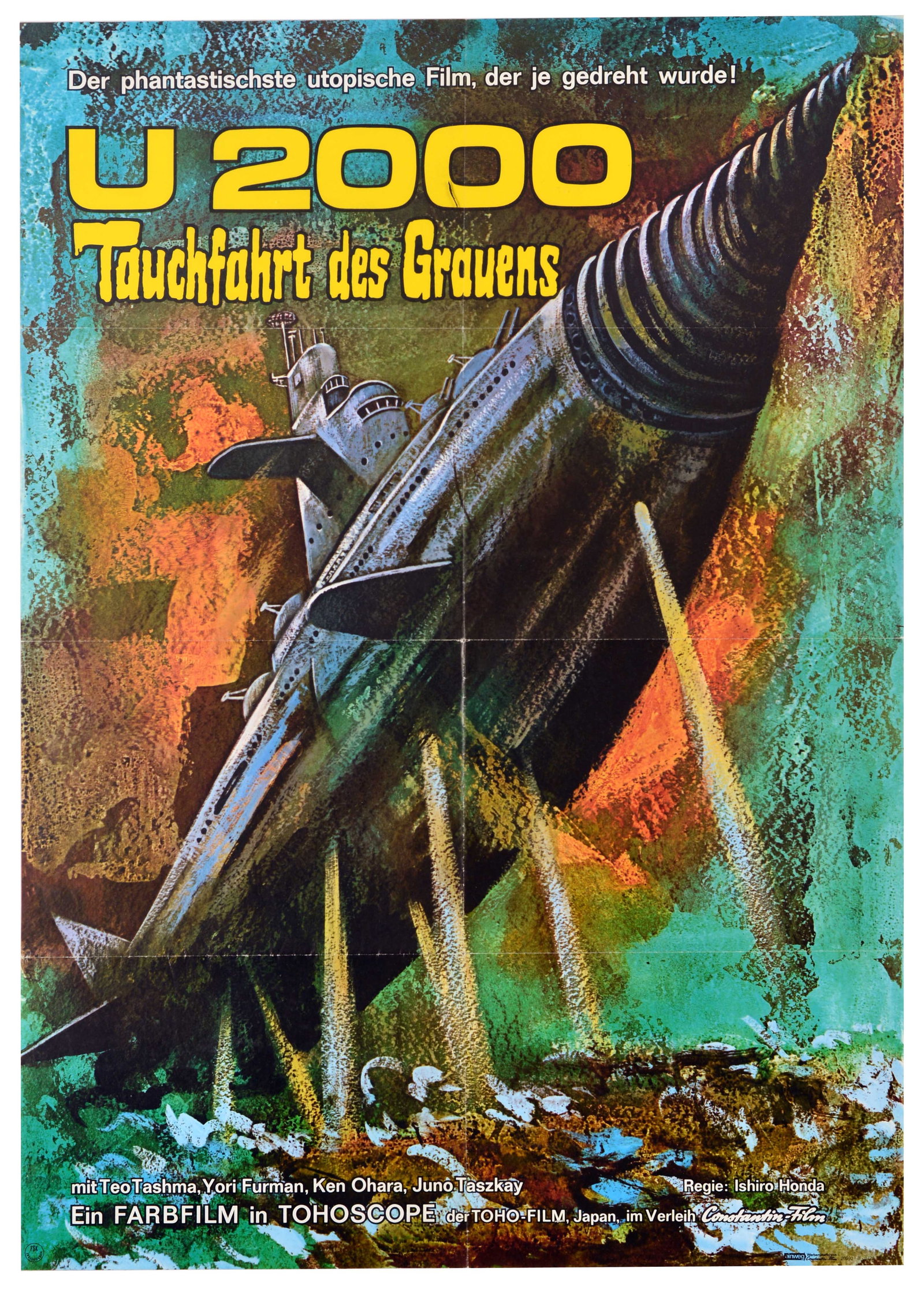 Movie Poster U2000 Atragon Science Fiction SciFi Submarine: Original vintage movie poster is for the 1963 Japanese science fiction classic U 2000: Tauchfahrt des Grauens, released internationally as Atragon, directed by the legendary Ishiroo Honda of Godzilla 