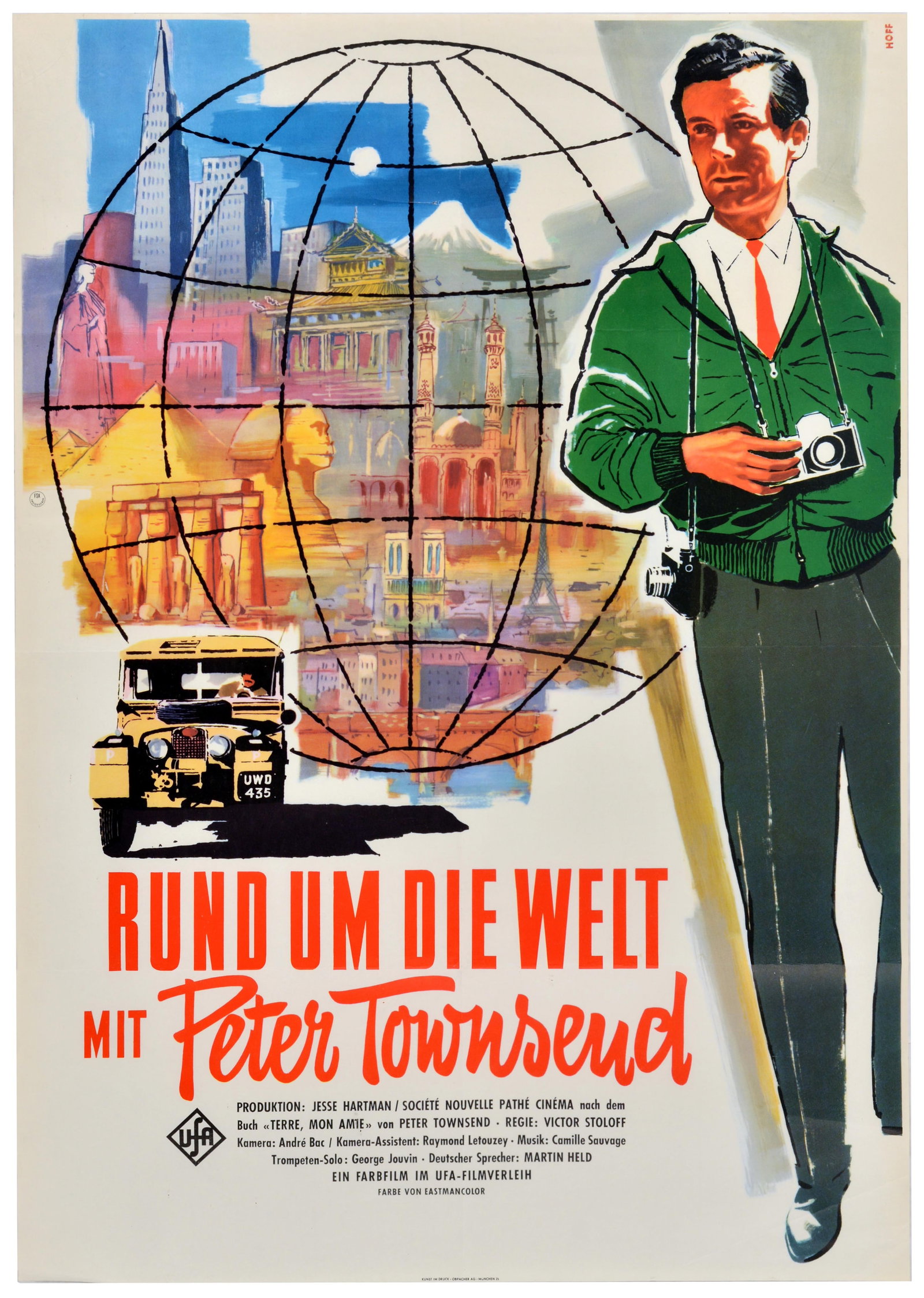 Movie Poster Peter Townsend Land Rover World Travel Documentary: Original vintage German film poster for the documentary Rund Um Die Welt Mit Peter Townsend / Around the World with Peter Townsend, originally titled in French - Passeport pour le mond, directed by Vi
