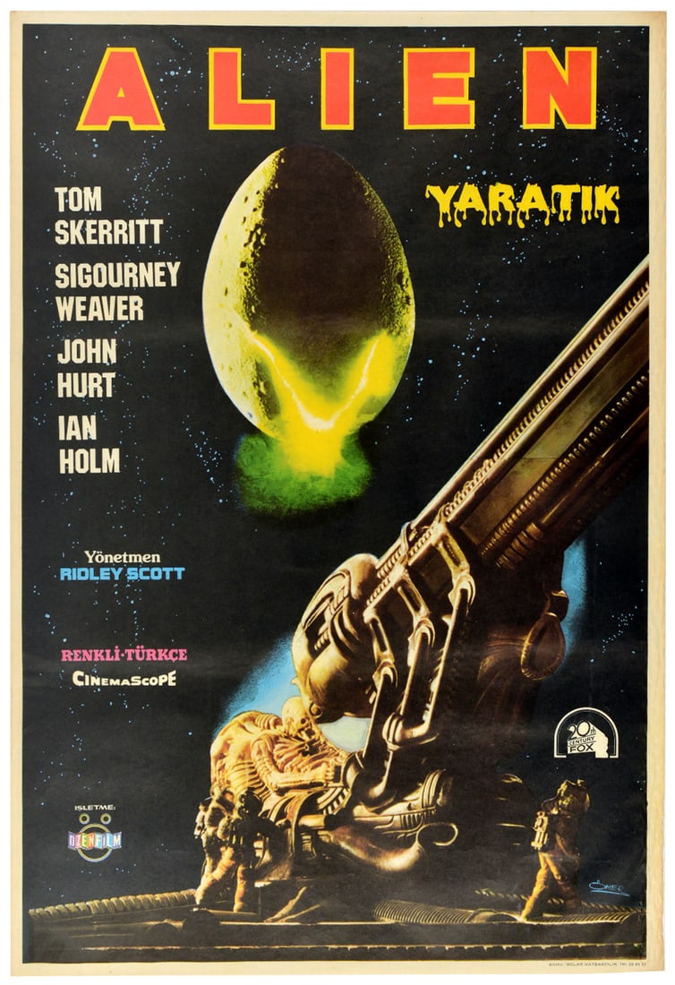 Movie Poster Alien SciFi Horror Ridley Scott Turkish Release: Original vintage Turkish movie poster for the 1979 science fiction horror masterpiece Alien, directed by Ridley Scott. The poster features a unique and unsettling graphic composition displaying a glow