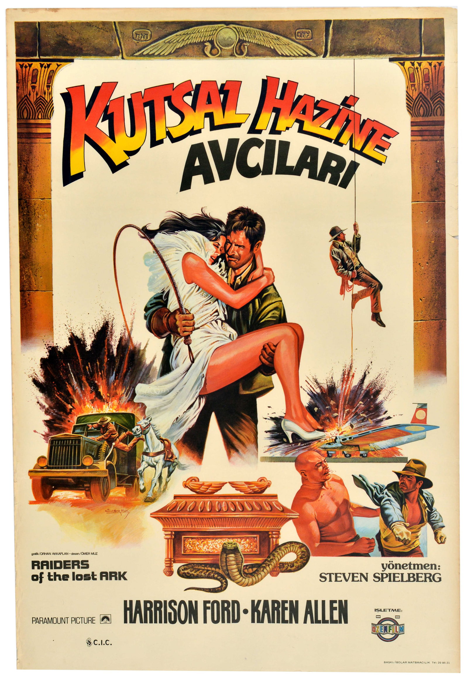 Movie Poster Raiders of the Lost Ark Indiana Jones Turkish: Original vintage cinema poster issued for the Turkish release of the 1981 adventure classic Raiders of the Lost Ark / Kutsal Hazine Avcilari, directed by Steven Spielberg and produced by George Lucas.