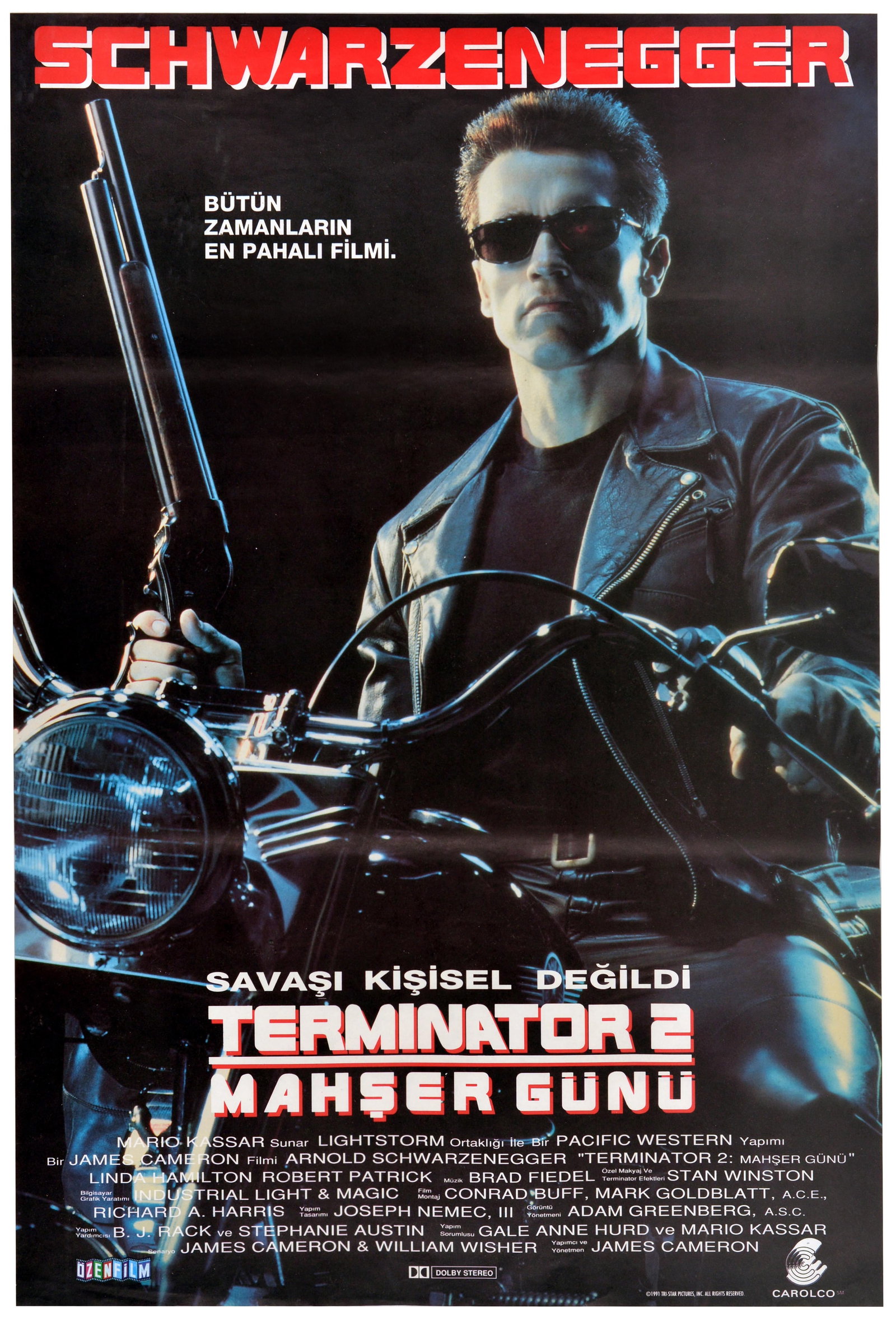 Movie Poster Terminator 2 Judgment Day Schwarzenegger SciFi: Original vintage cinema poster issued for the Turkish release of the 1991 sci-fi action masterpiece Terminator 2: Judgment Day / Terminator 2: Mahser Gunu, directed by James Cameron. The iconic design