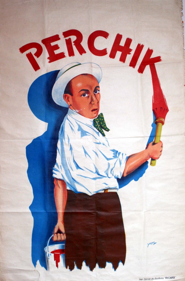 Original advertising poster Perchik France Pernod: Original vintage lithograph advertising poster for an alcoholic drink Perchik (little pepper in Russian). Mostl likely pepper infused alcohol produced by the French company Ricard. The poster features