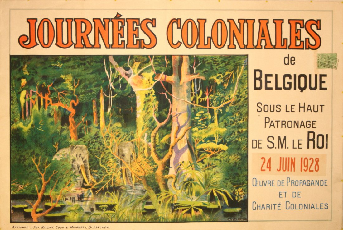 Original advertising poster Belgian Colonies Expo 1928: Original vintage travel advertising poster: Exhibition Journees Coloniales de Belgique (colonial days of Belgium), under the patronage of his majesty the King, 24 June 1928. Colourful image of the jun