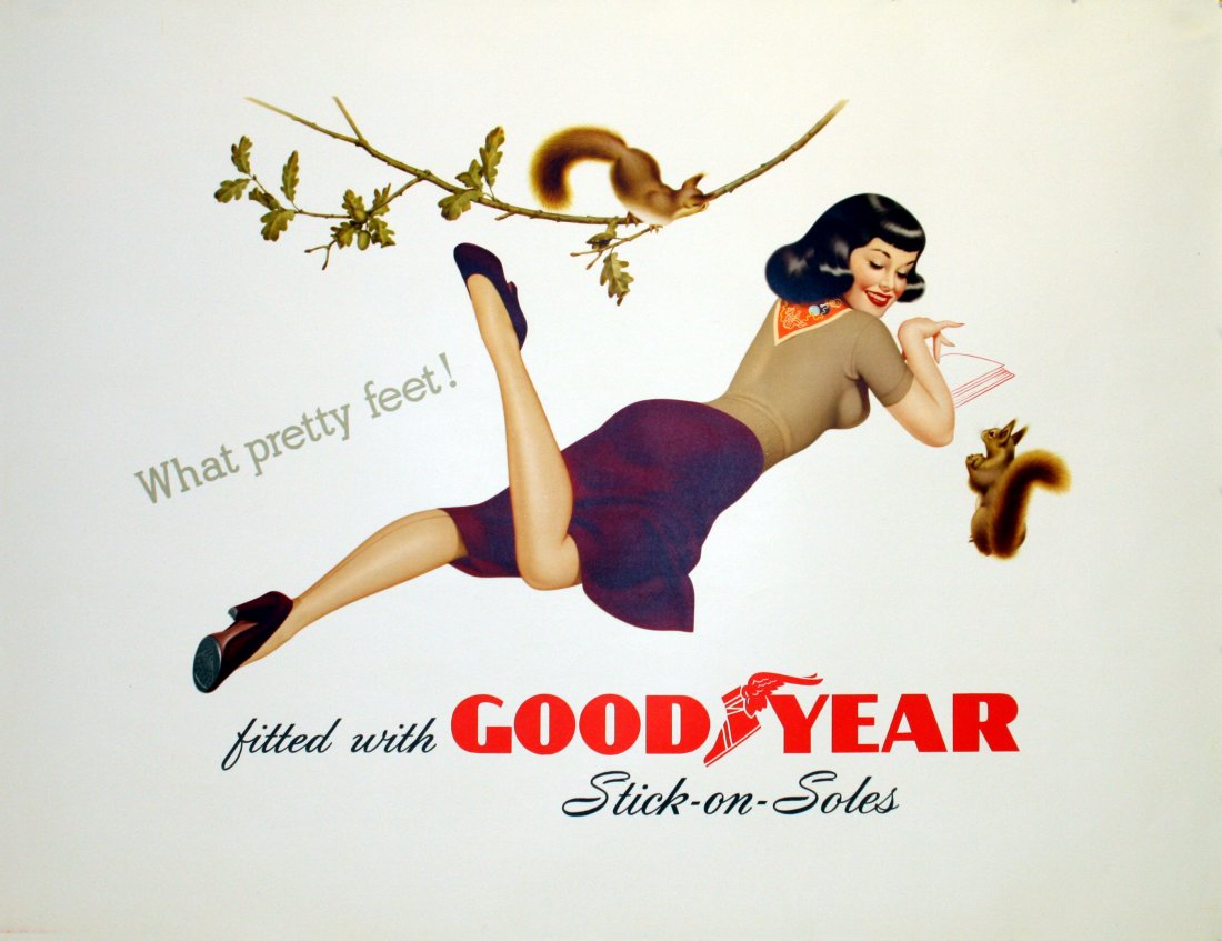 Original advertising poster Goodyear Soles - Pin-up 2: Original vintage advertising poster for Goodyear stick on soles. What pretty feet! Features two squirrels and a very stylish pin-up image of a lady reading a book with one foot up in the air showing o