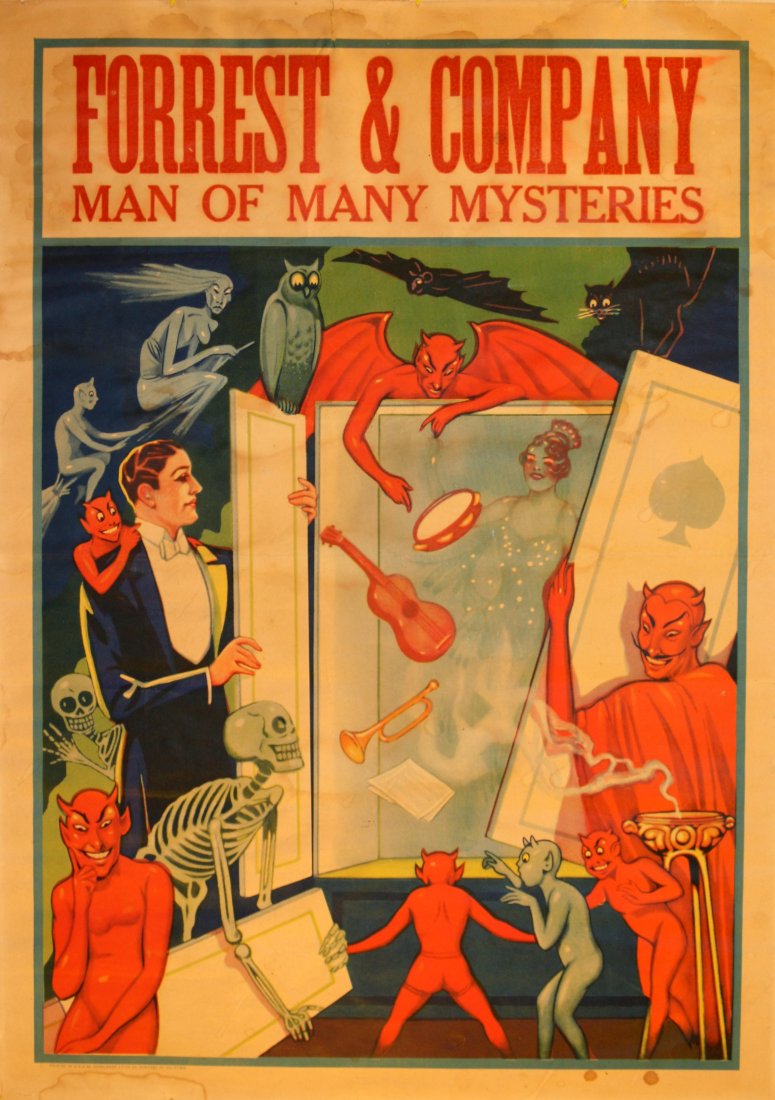 Original advertising poster Forrest & Company Magic USA: Original vintage advertising poster featuring a groovy image for Forrest & Company Men of Many Mysteries, showing a bat, owl and cat with devils, skeletons, musical instruments, a spade playing card l