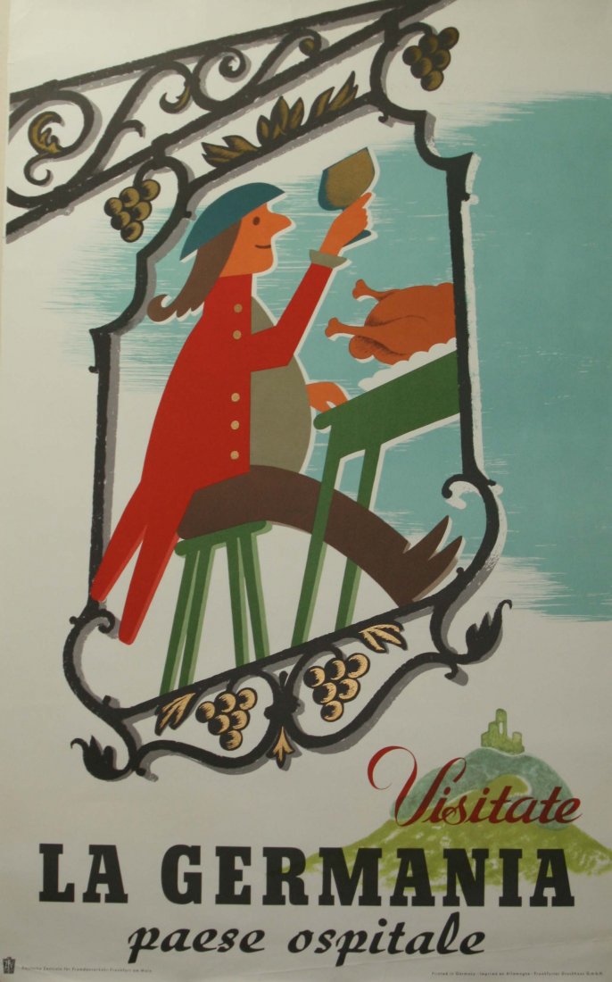 Original travel poster Visit Germany: Original vintage travel poster Visitate La Germania paese ospitale. In Italian - Visit Germany, a hospitable country. Fun art of a tavern sign with a man drinking a glass of wine. Excellent condition,